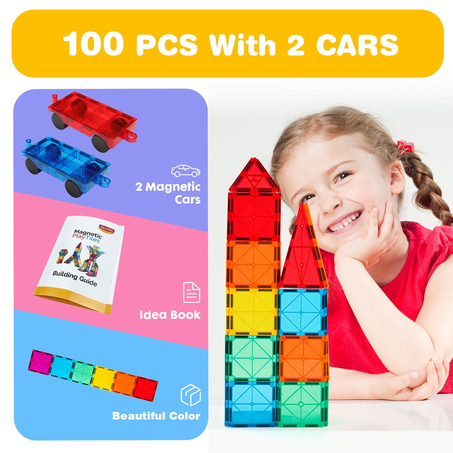 Gemmicc 100 PCS Magnetic Tiles with 2 Cars – STEM Approved Educational Building Toys