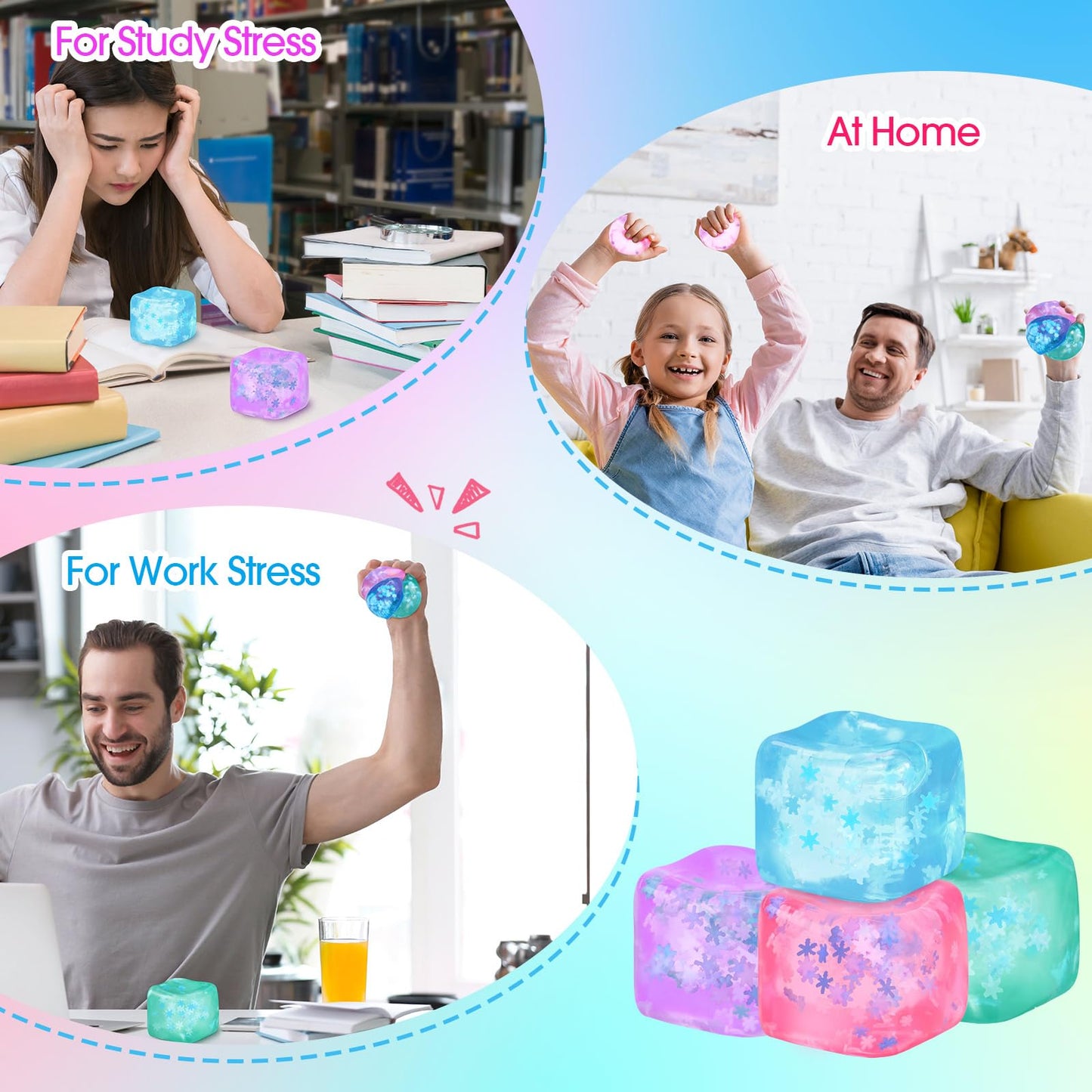 Gemscream 12-Piece Stress Cube Bulk | Slow-Rising Ice Cube Squeeze Toys for Adults (Blue, Pink, Purple, Green)