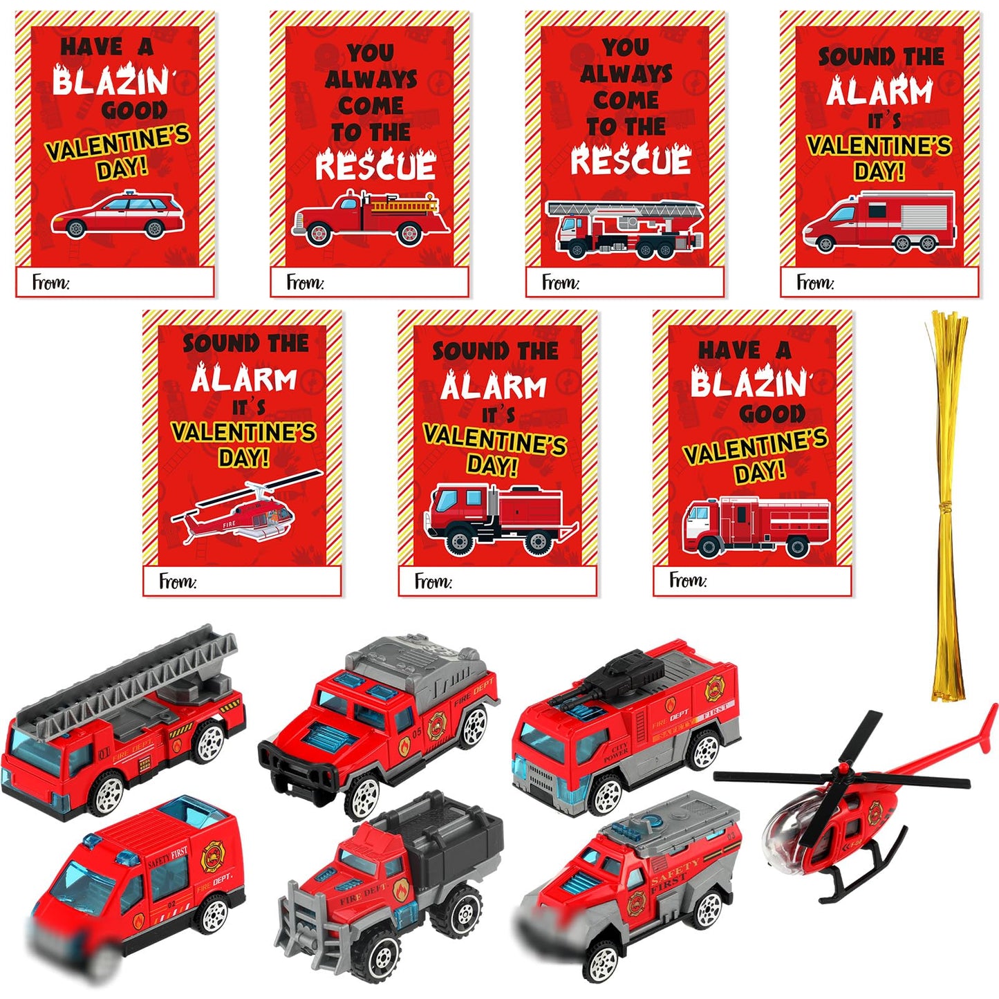 Gemscream 28 Valentine's Day Gift Card Set with Fire Rescue Vehicles — Party Favors & Exchange Prizes