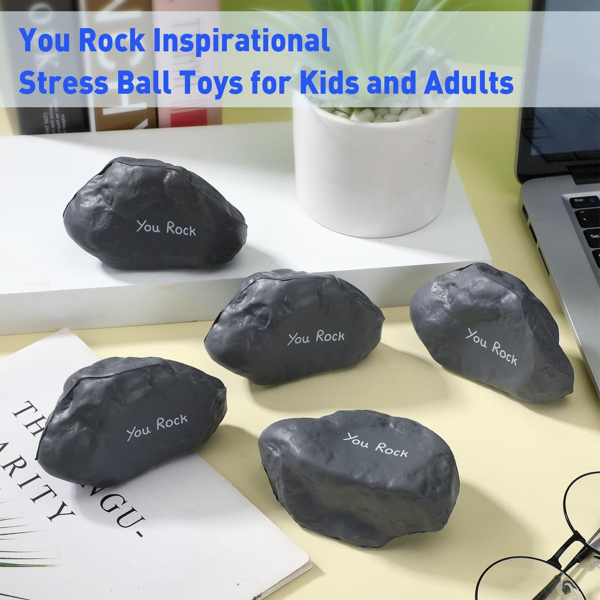 Gemscream Stone Grey Stress Balls – 5 Pack Funny Inspirational Squeezable Foam Rocks Gift