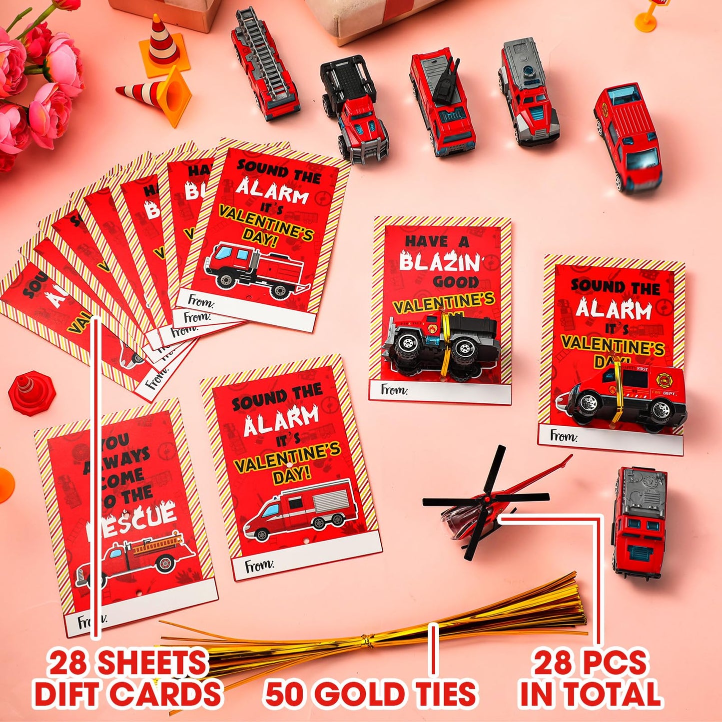 Gemscream 28 Valentine's Day Gift Card Set with Fire Rescue Vehicles — Party Favors & Exchange Prizes