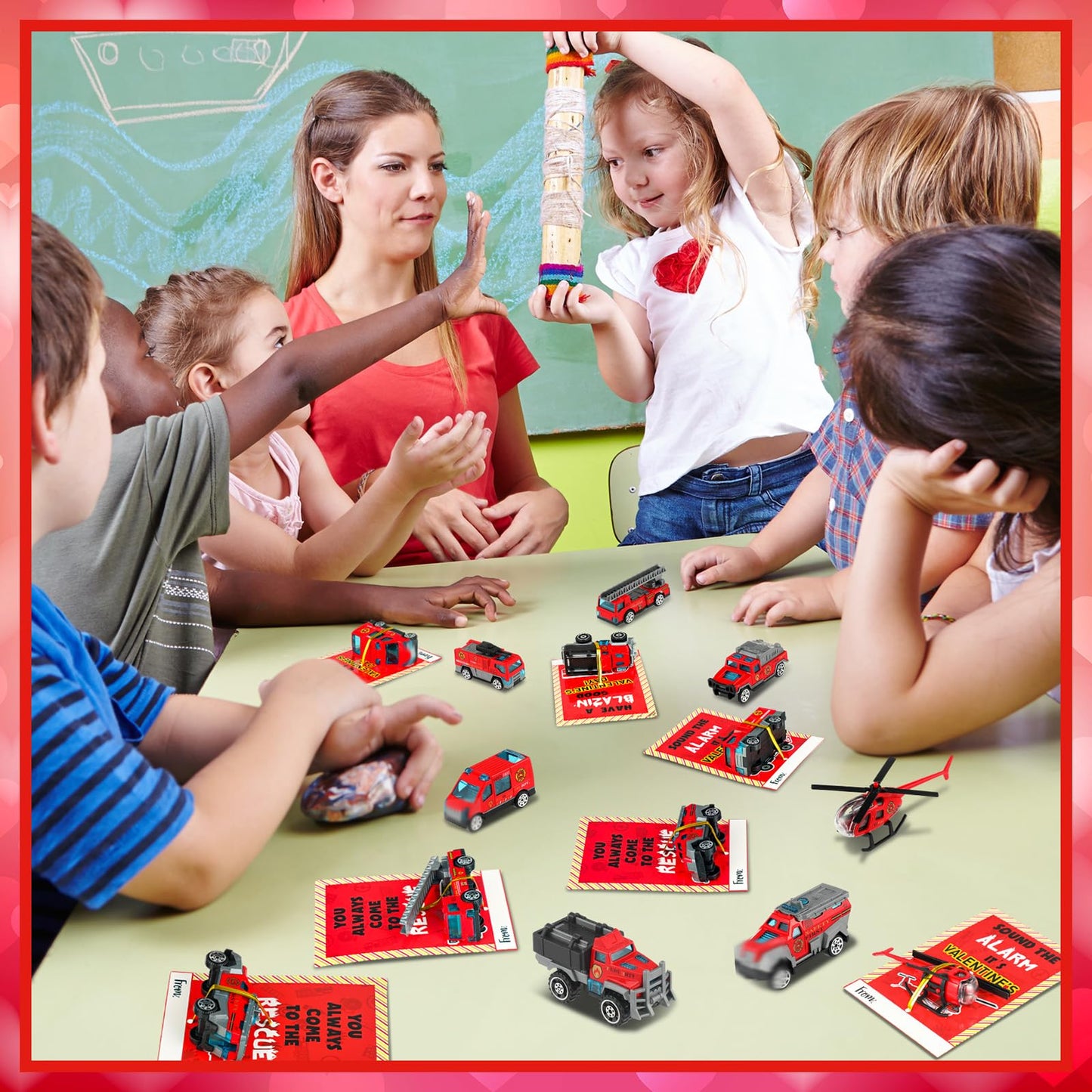 Gemscream 28 Valentine's Day Gift Card Set with Fire Rescue Vehicles — Party Favors & Exchange Prizes