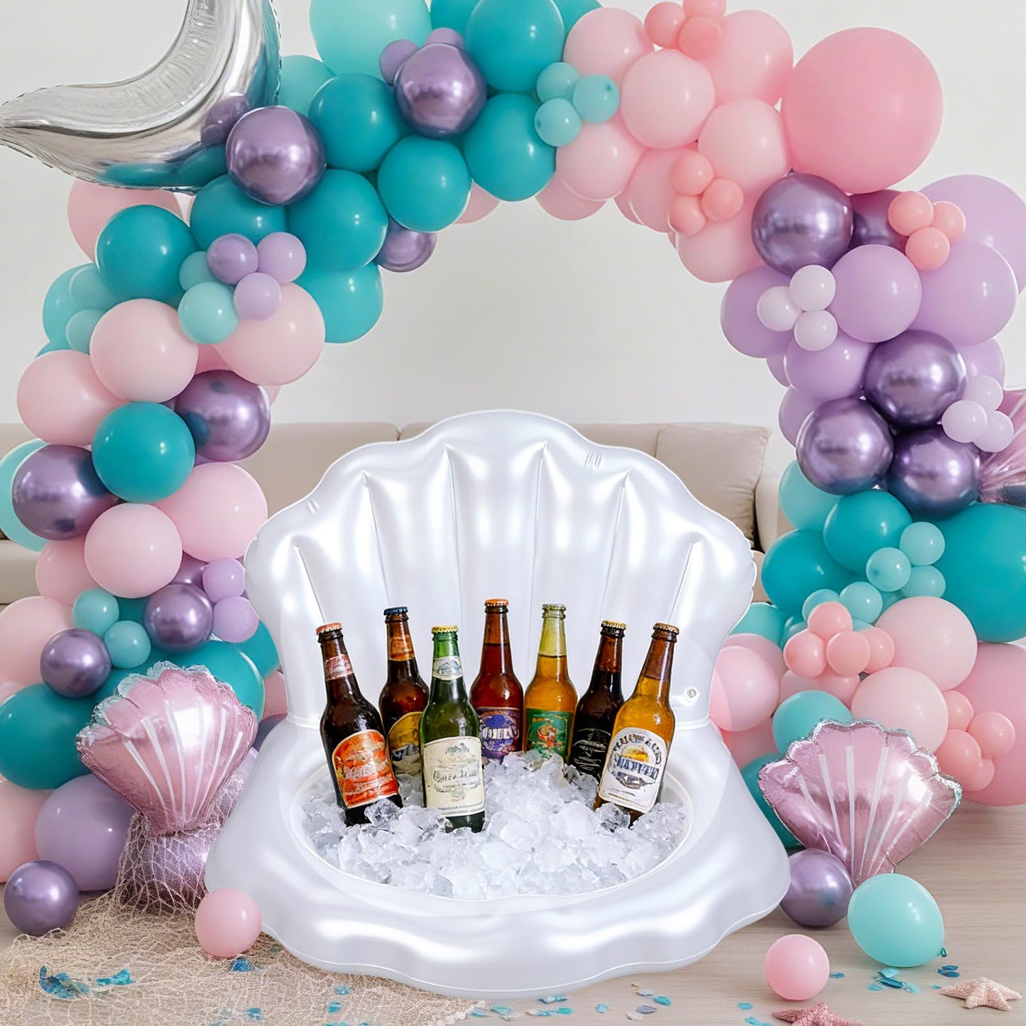 Gemscream Mermaid Seashell Inflatable Cooler – Ocean Theme Party Decor & Floating Drink Holder