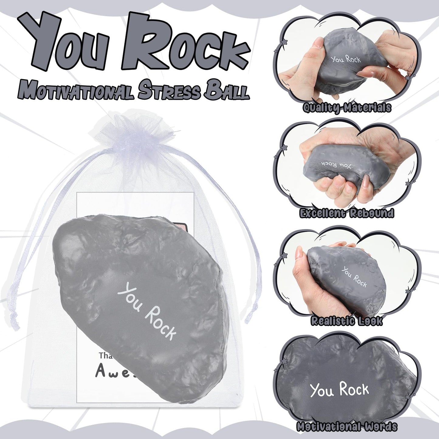 Gemscream 80-Piece Inspirational Stress Ball Gift Set – You Rock Cards & Organza Bags