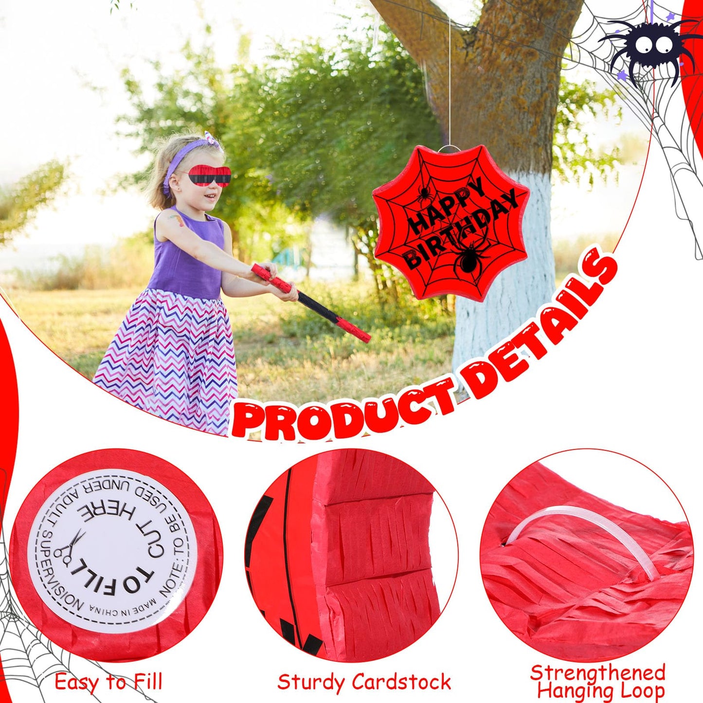 Gemscream Spider Pinata Set – Hero Party Decorations with Stick & Blindfold