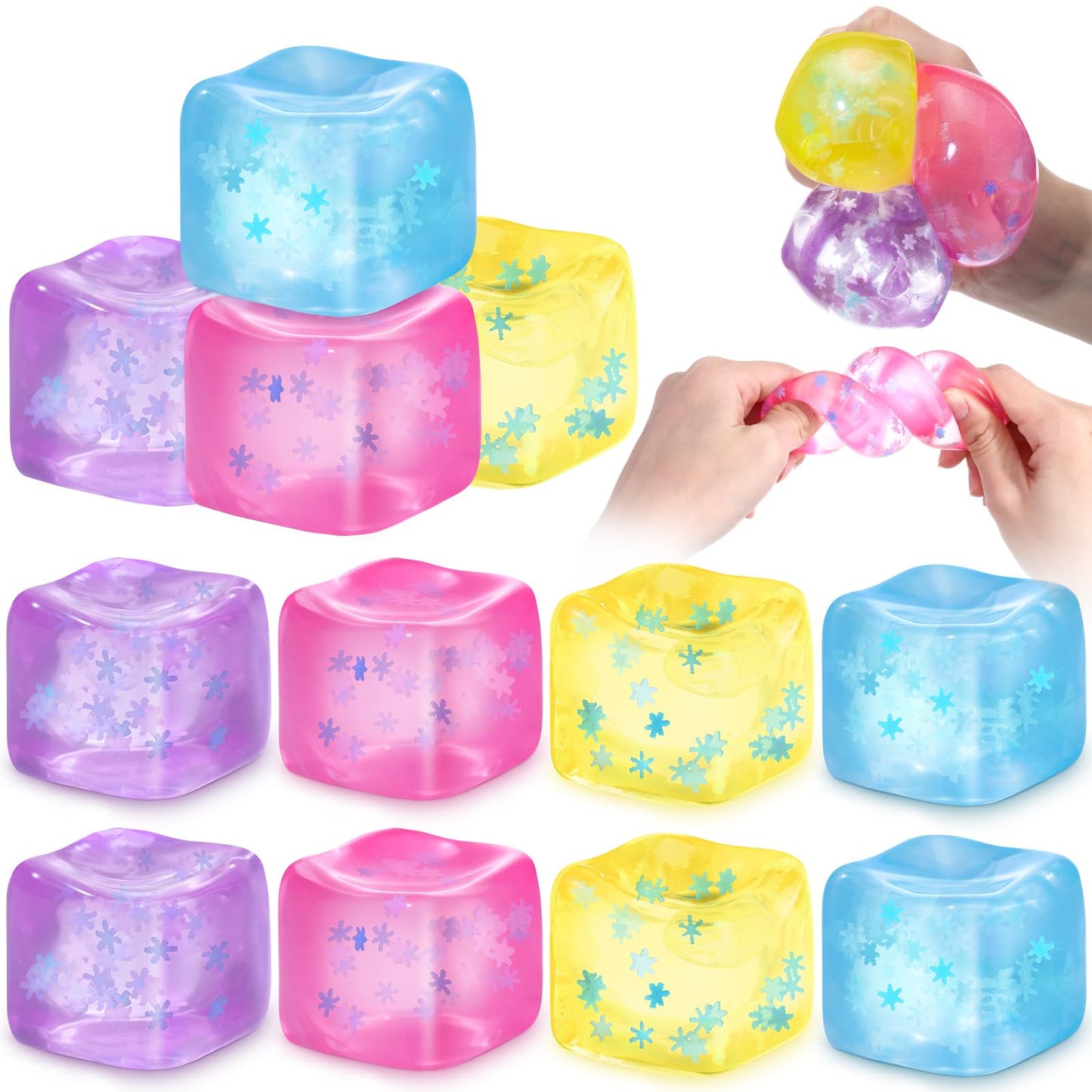 Gemscream 12 Pcs Stress Cube Bulk – Slow Rising Ice Cube Sensory Balls for Adults (Blue, Pink, Purple, Yellow)