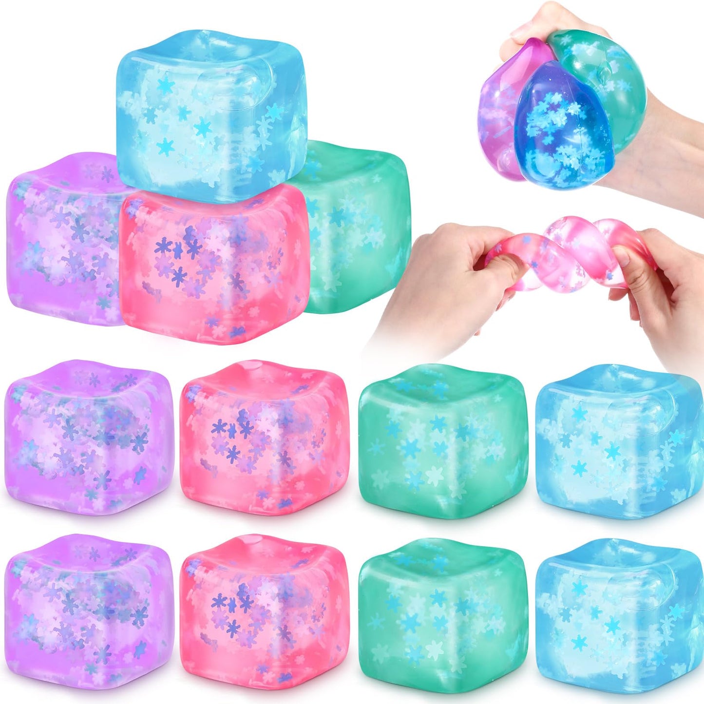 Gemscream 12-Piece Stress Cube Bulk | Slow-Rising Ice Cube Squeeze Toys for Adults (Blue, Pink, Purple, Green)