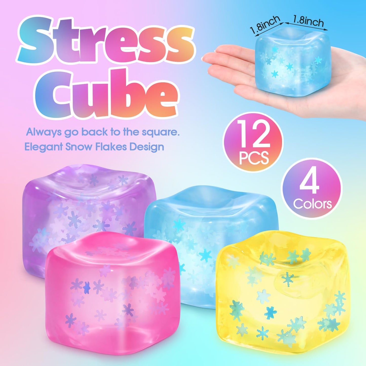 Gemscream 12 Pcs Stress Cube Bulk – Slow Rising Ice Cube Sensory Balls for Adults (Blue, Pink, Purple, Yellow)