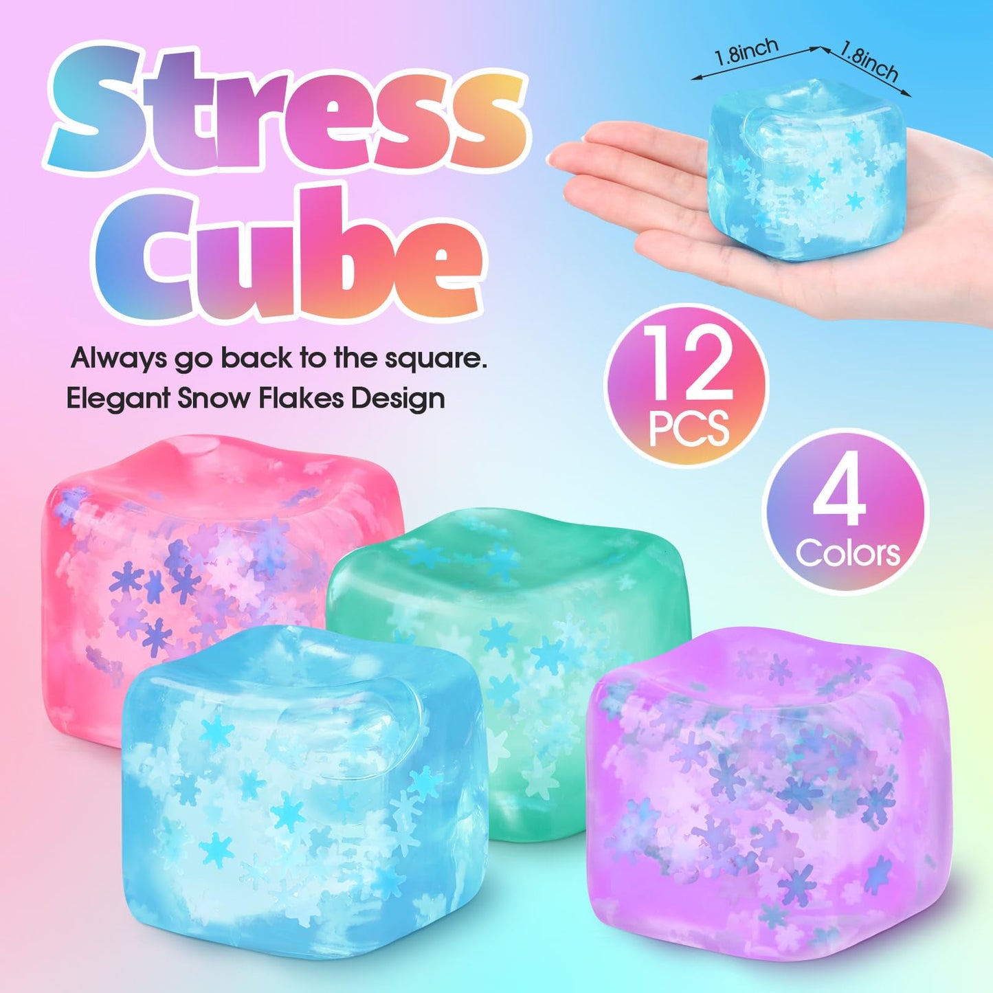 Gemscream 12-Piece Stress Cube Bulk | Slow-Rising Ice Cube Squeeze Toys for Adults (Blue, Pink, Purple, Green)