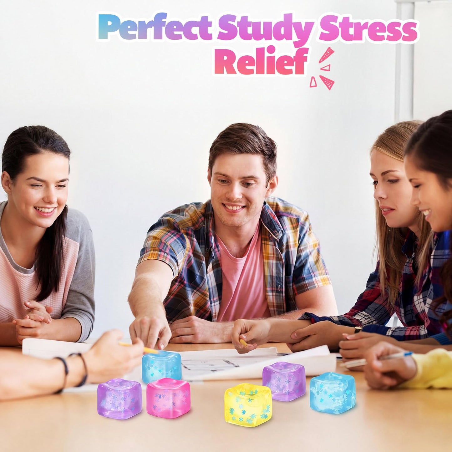 Gemscream 12 Pcs Stress Cube Bulk – Slow Rising Ice Cube Sensory Balls for Adults (Blue, Pink, Purple, Yellow)