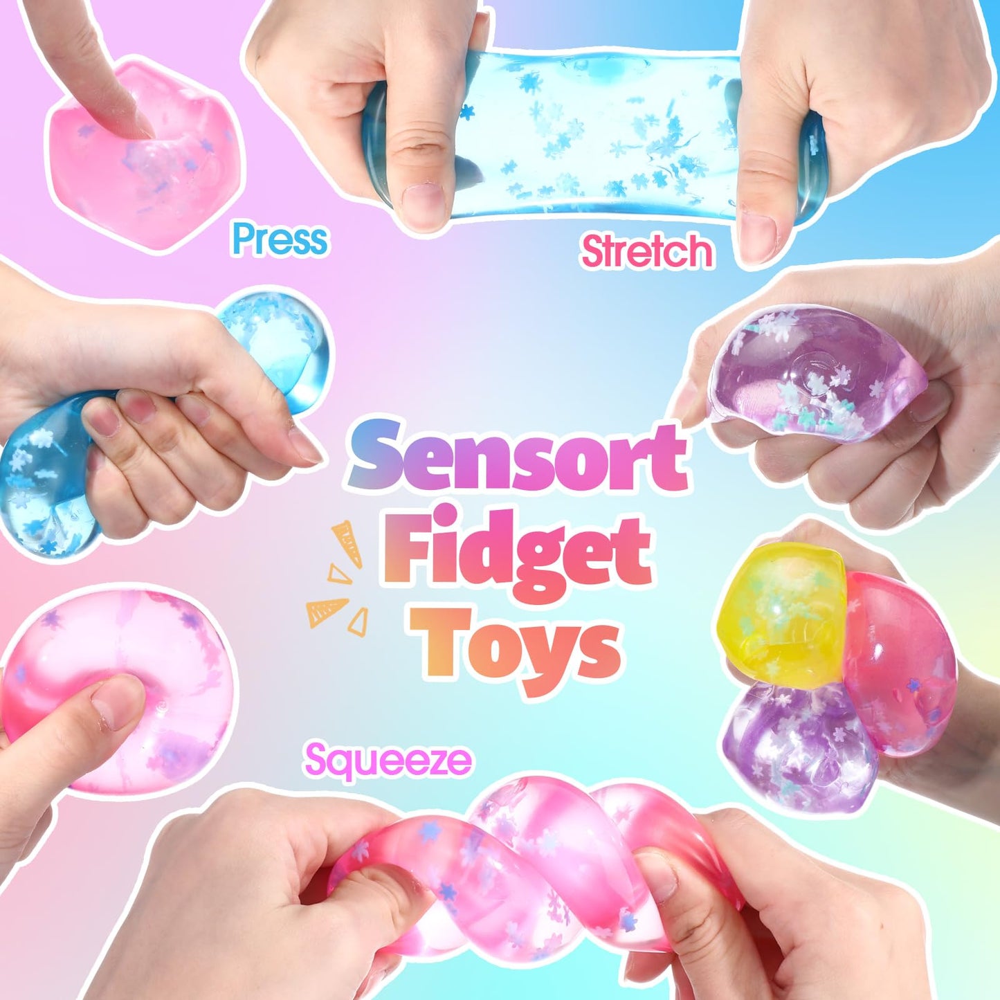 Gemscream 12 Pcs Stress Cube Bulk – Slow Rising Ice Cube Sensory Balls for Adults (Blue, Pink, Purple, Yellow)