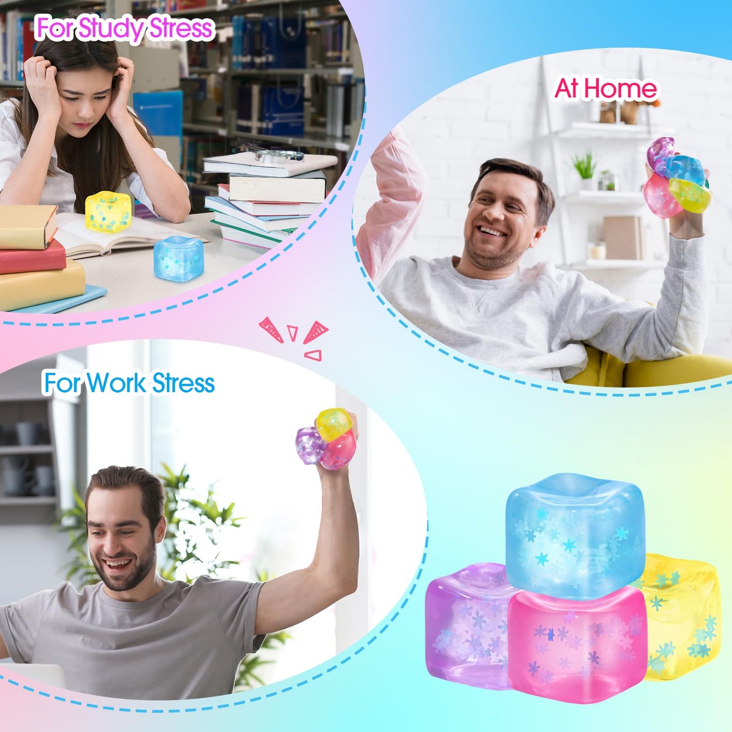 Gemscream 12 Pcs Stress Cube Bulk – Slow Rising Ice Cube Sensory Balls for Adults (Blue, Pink, Purple, Yellow)
