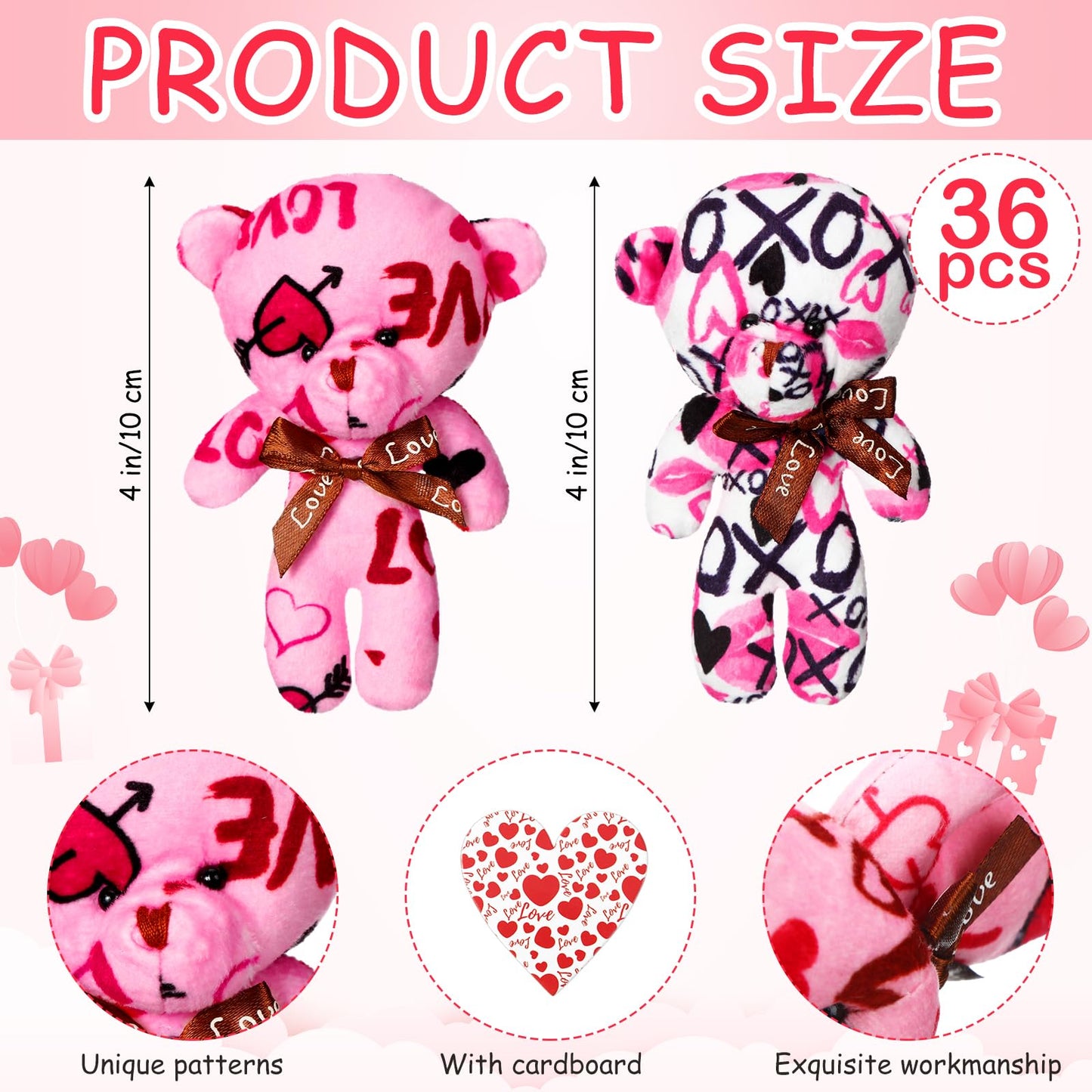 Gemscream 36-Pack Valentine Plush Bears with Heart Cards – 4in, 2 Styles