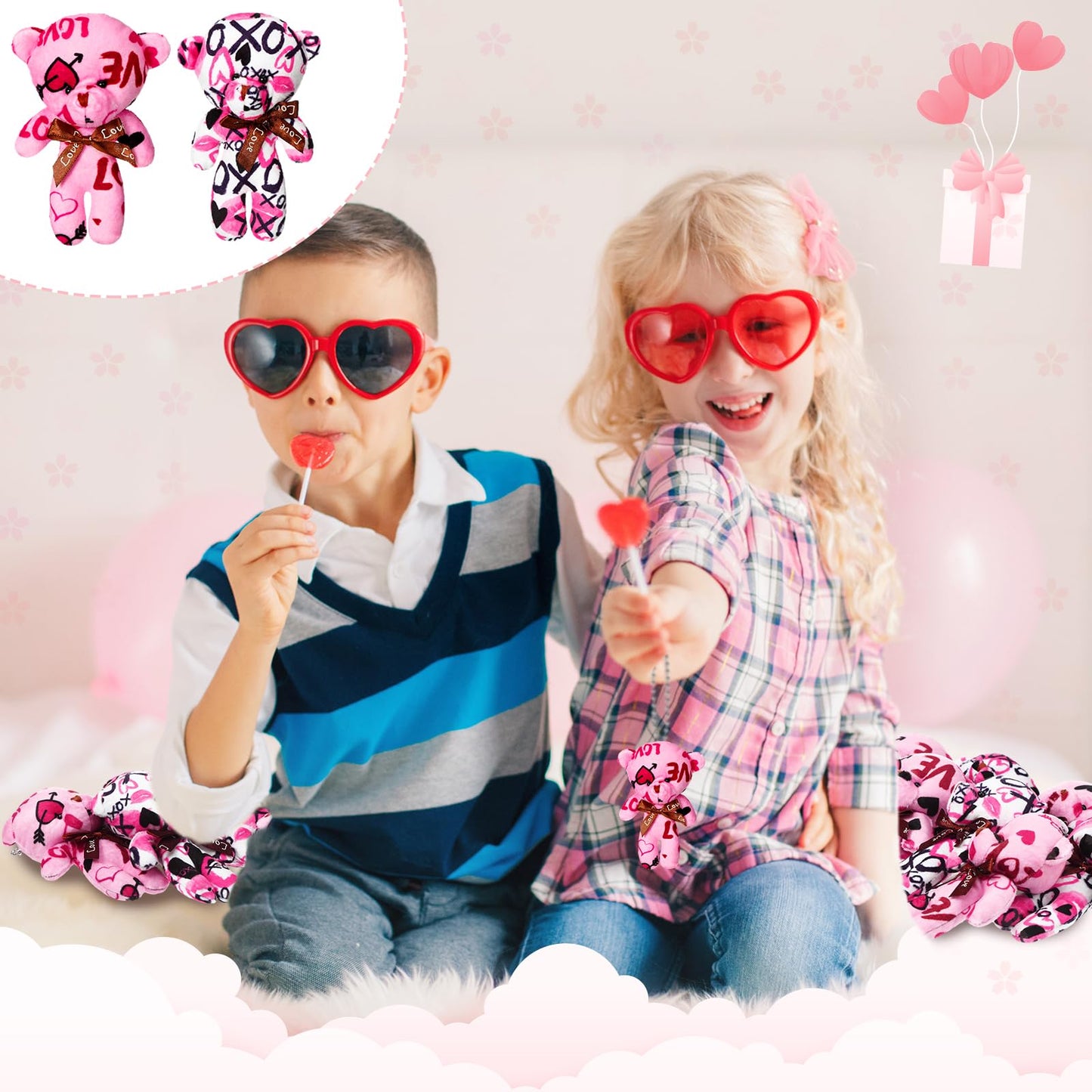 Gemscream 36-Pack Valentine Plush Bears with Heart Cards – 4in, 2 Styles