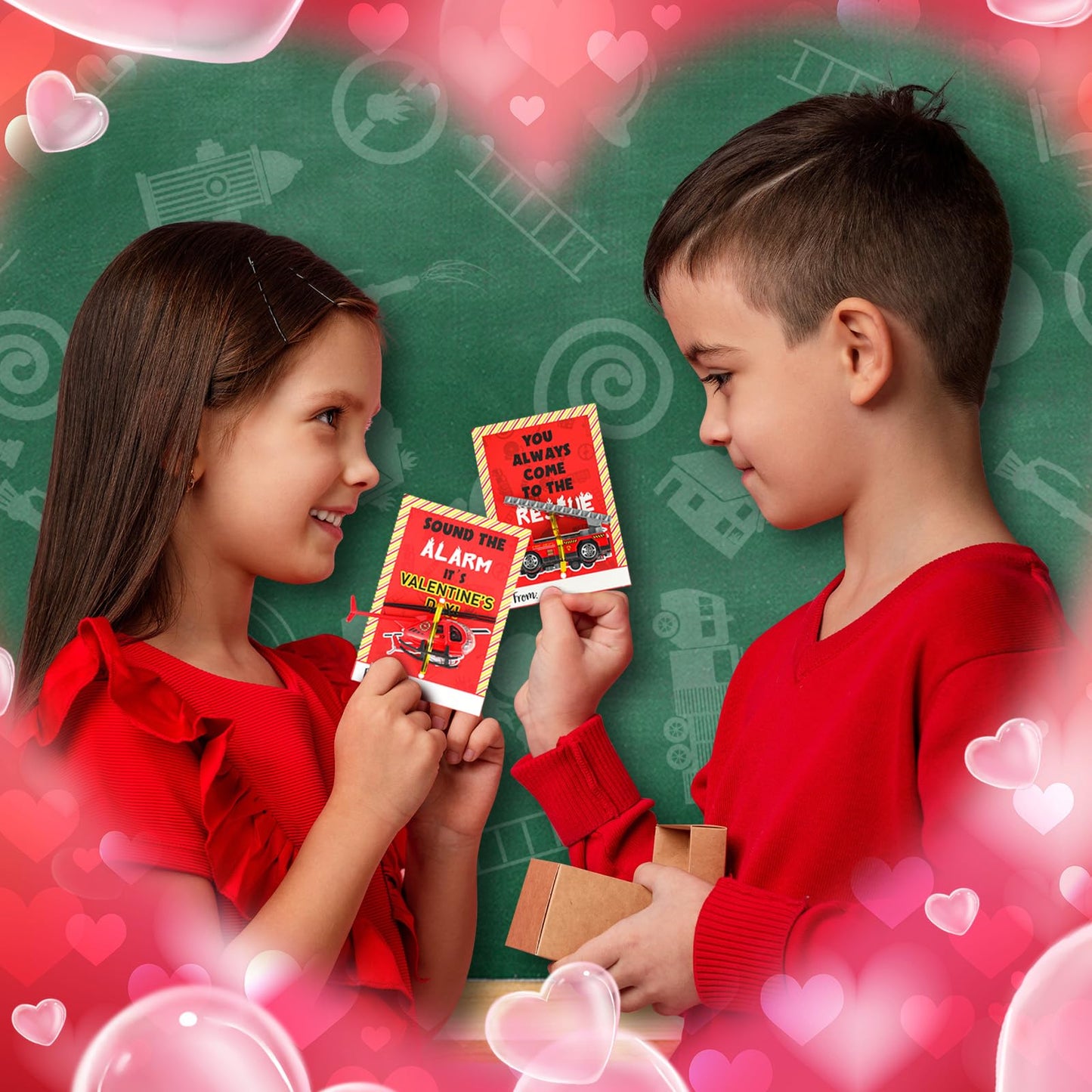 Gemscream 28 Valentine's Day Gift Card Set with Fire Rescue Vehicles — Party Favors & Exchange Prizes