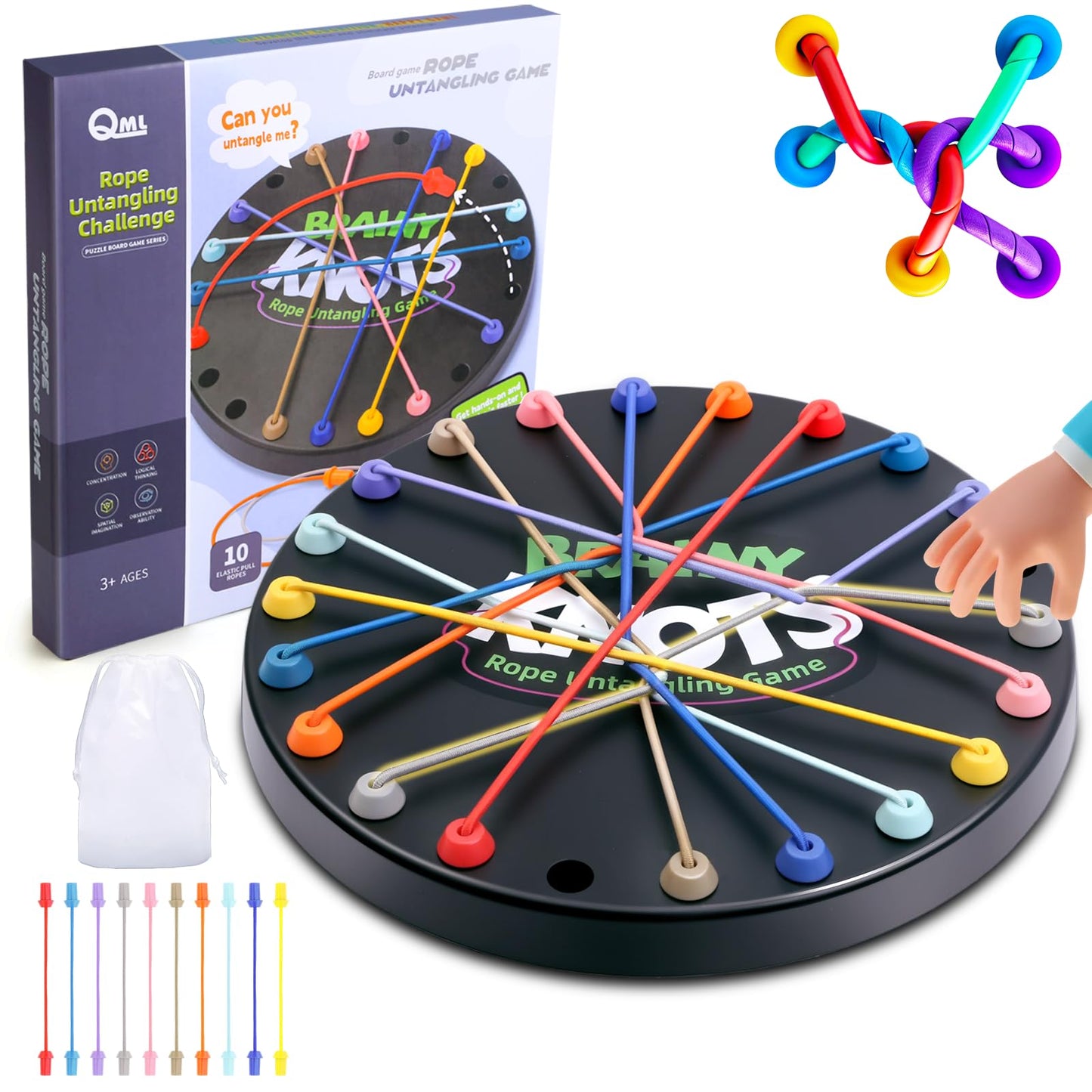 Gencokok Brainy Knots Rope Untangling Game – 10-Piece Twisted Rope Puzzle for Travel & Family Fun (Black)