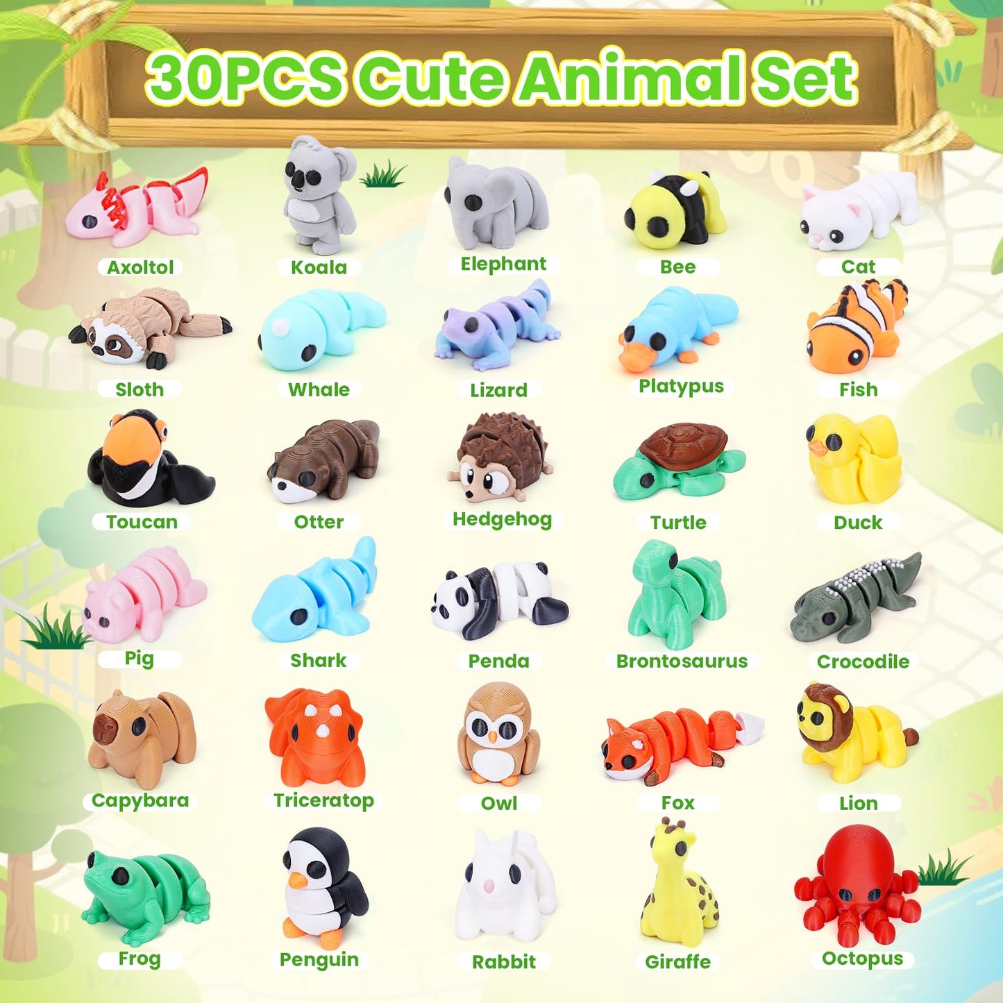 Gencokok 30PCS 3D Printed Animals Set | Mini Animal Figurines for Desk Decor & Fidget Toy