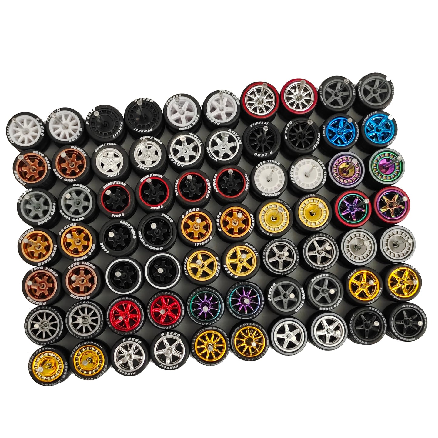 10-Pack 1:64 Rubber Wheels with Logo – Random Custom Rims & Tires Set for 1:64 Diecast Cars (Includes Axles)