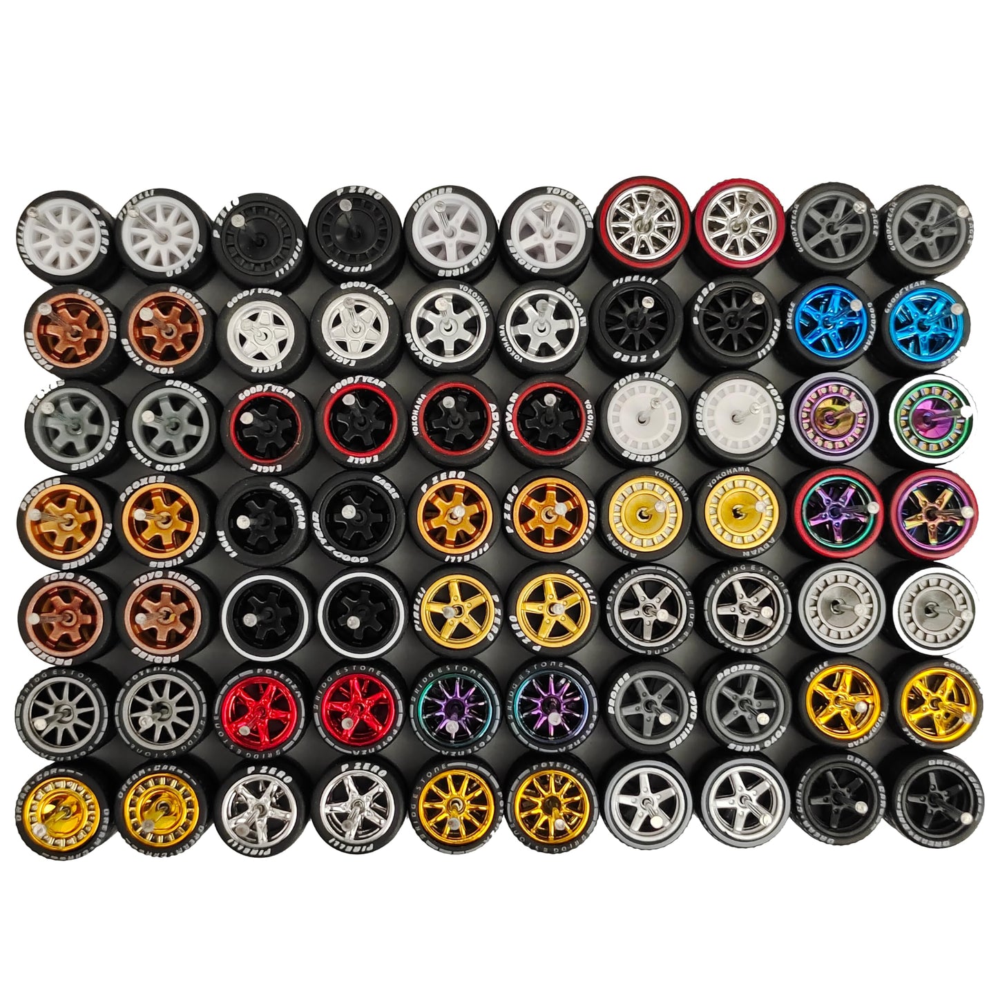 10-Pack 1:64 Rubber Wheels with Logo – Random Custom Rims & Tires Set for 1:64 Diecast Cars (Includes Axles)
