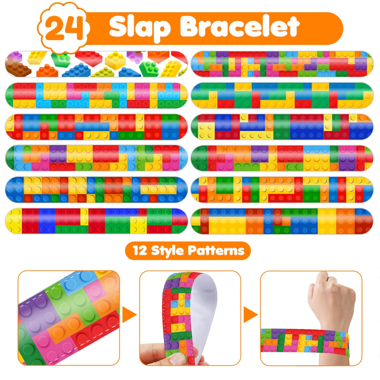 72PCS Building Block Party Favors: 24 Slap Bracelets & 48 Tattoos for Parties