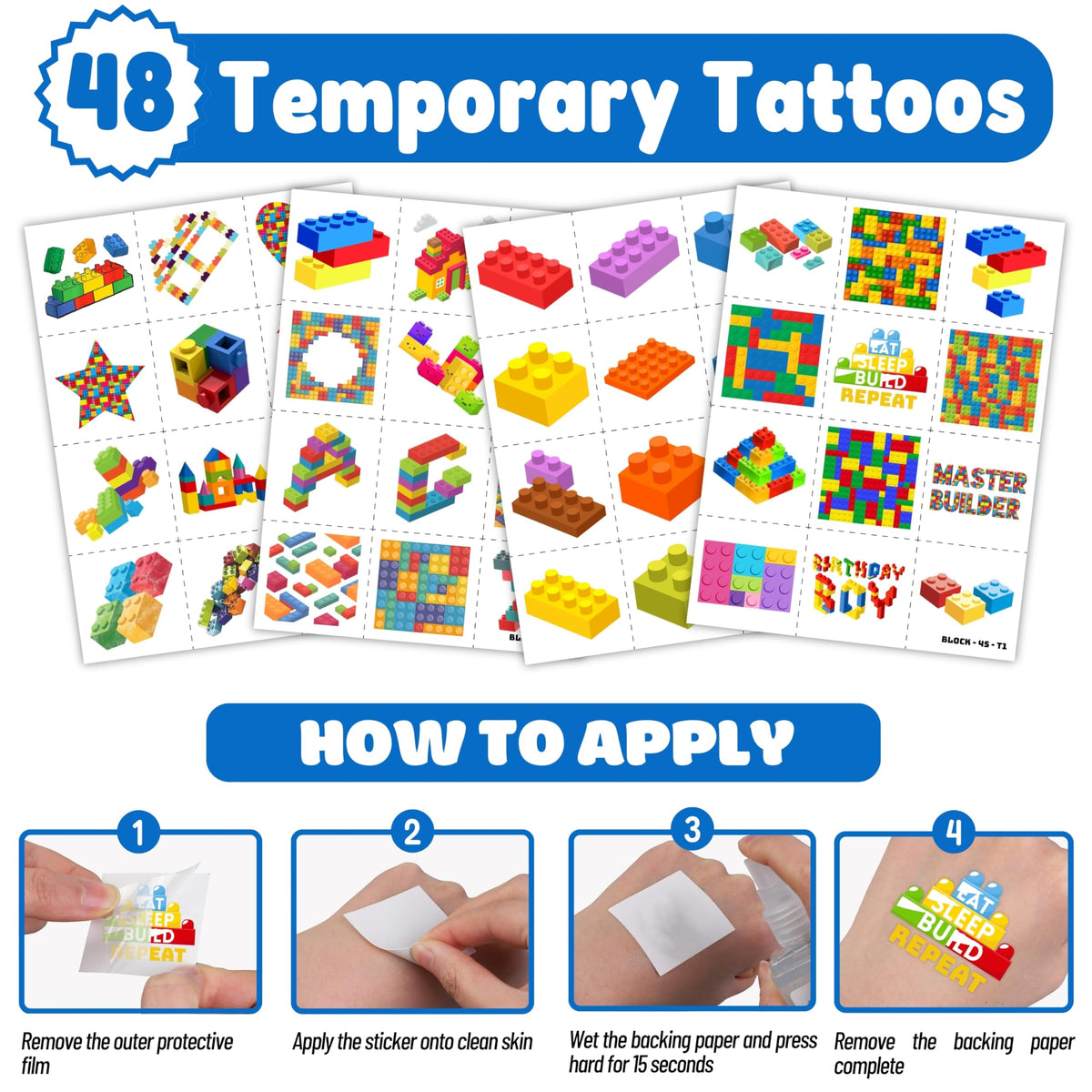 72PCS Building Block Party Favors: 24 Slap Bracelets & 48 Tattoos for Parties