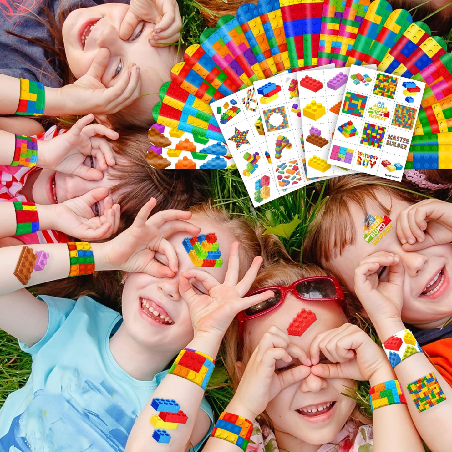 72PCS Building Block Party Favors: 24 Slap Bracelets & 48 Tattoos for Parties