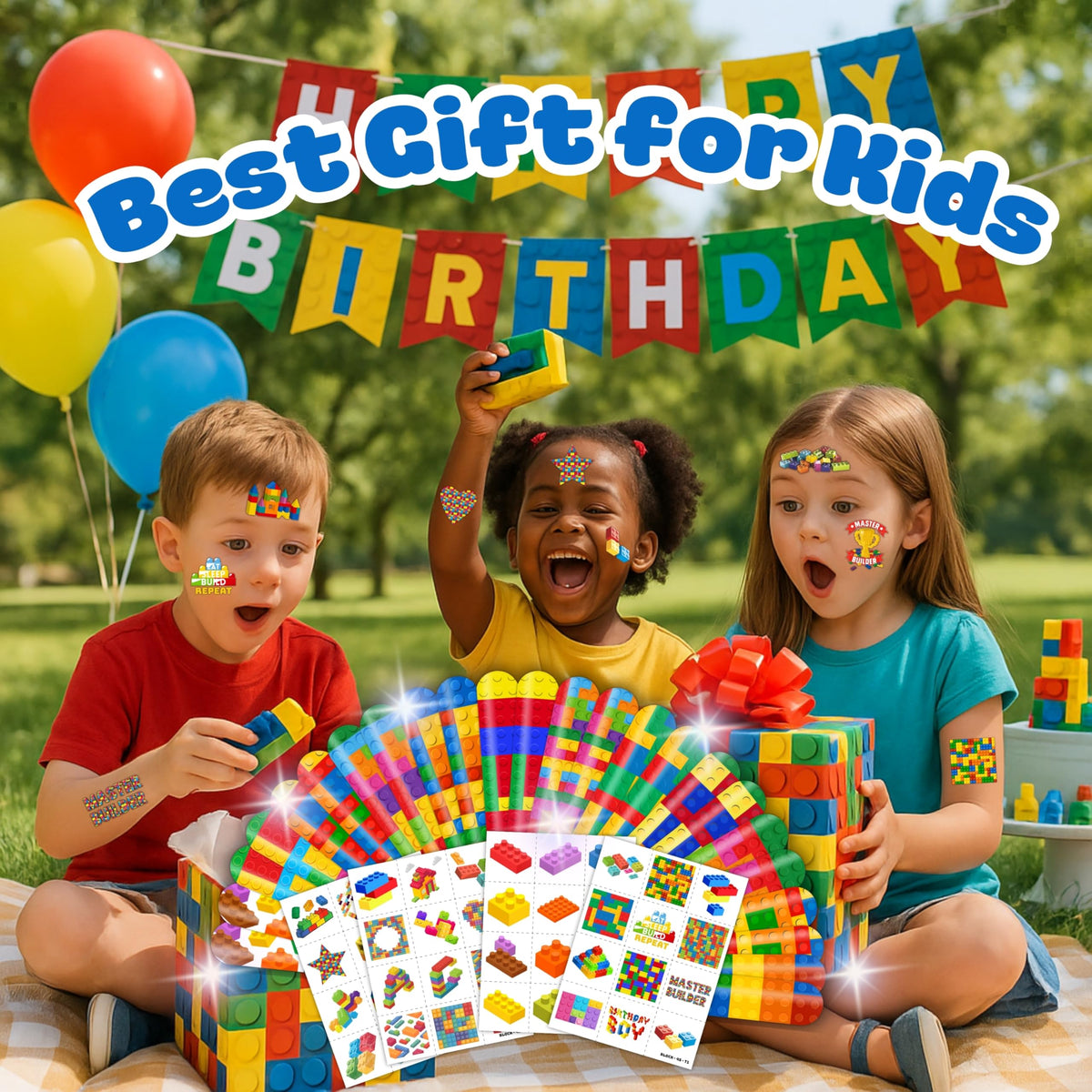 72PCS Building Block Party Favors: 24 Slap Bracelets & 48 Tattoos for Parties