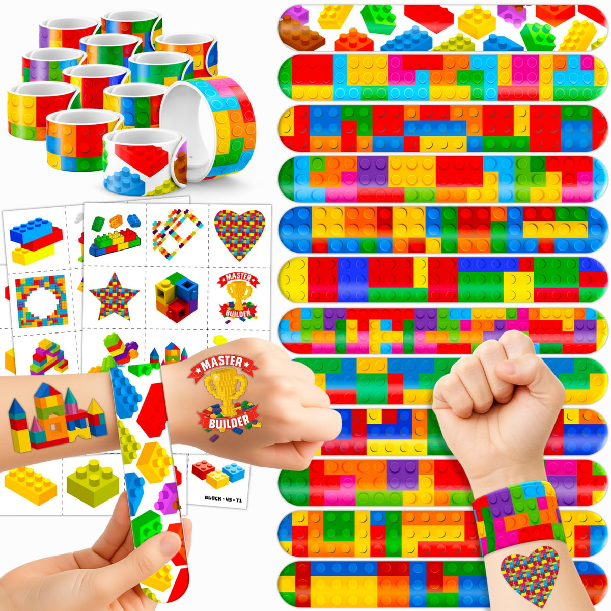 72PCS Building Block Party Favors: 24 Slap Bracelets & 48 Tattoos for Parties