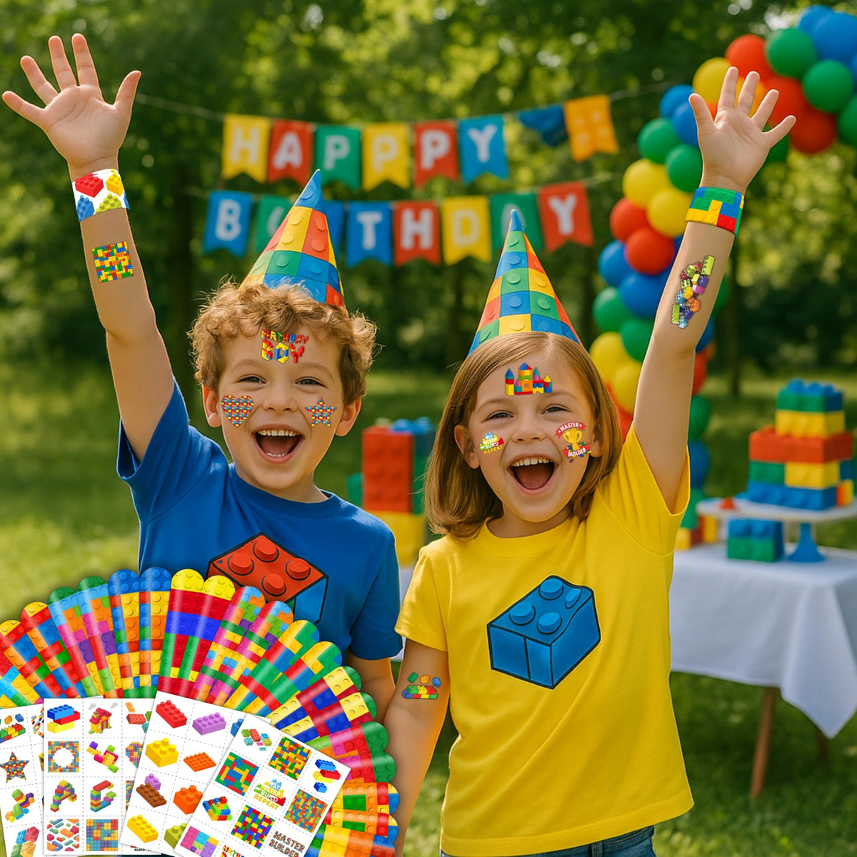72PCS Building Block Party Favors: 24 Slap Bracelets & 48 Tattoos for Parties