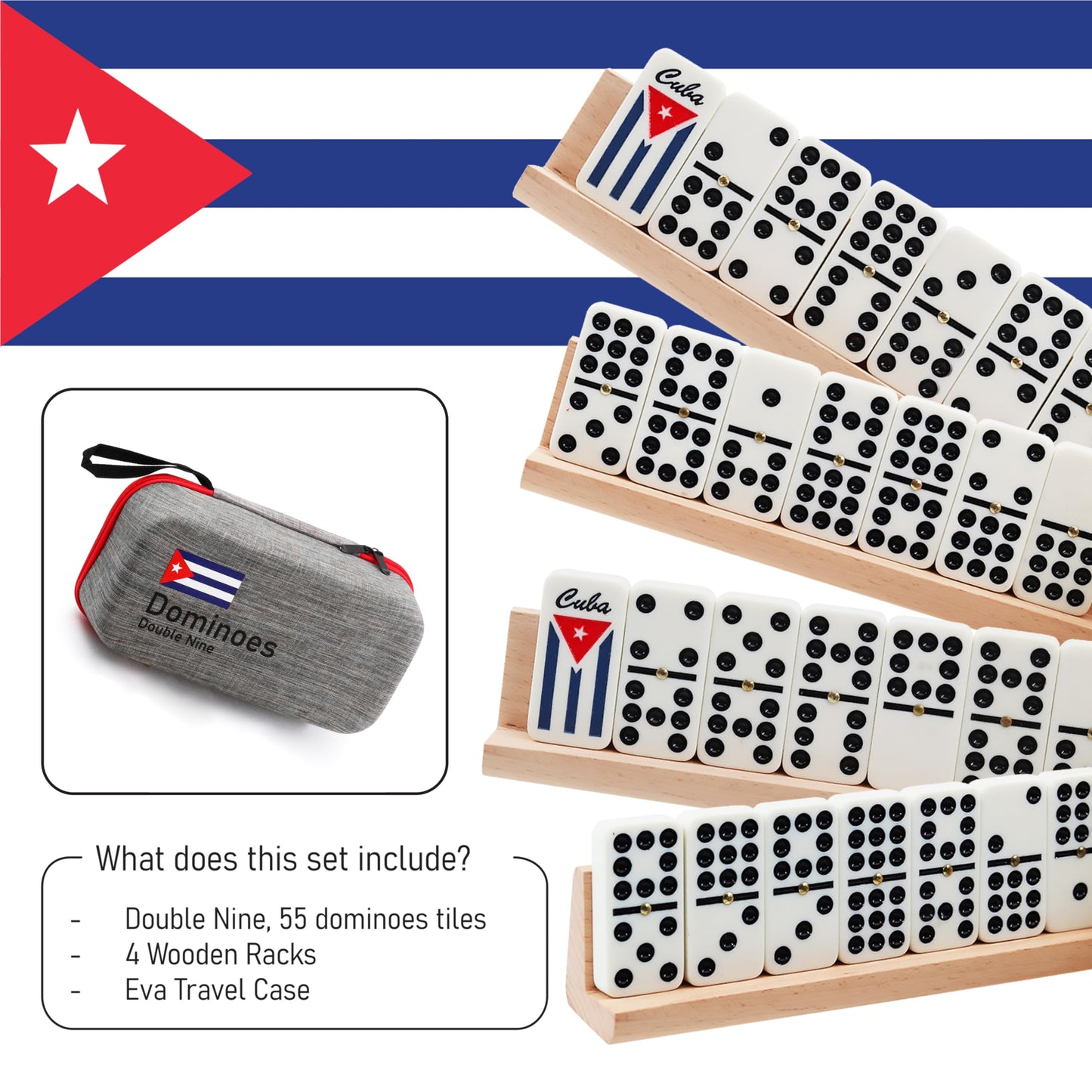 Generic Cuban Dominoes Double Nine Set – 55 Tiles & 4 Wooden Trays | Cuban Traditions Gift