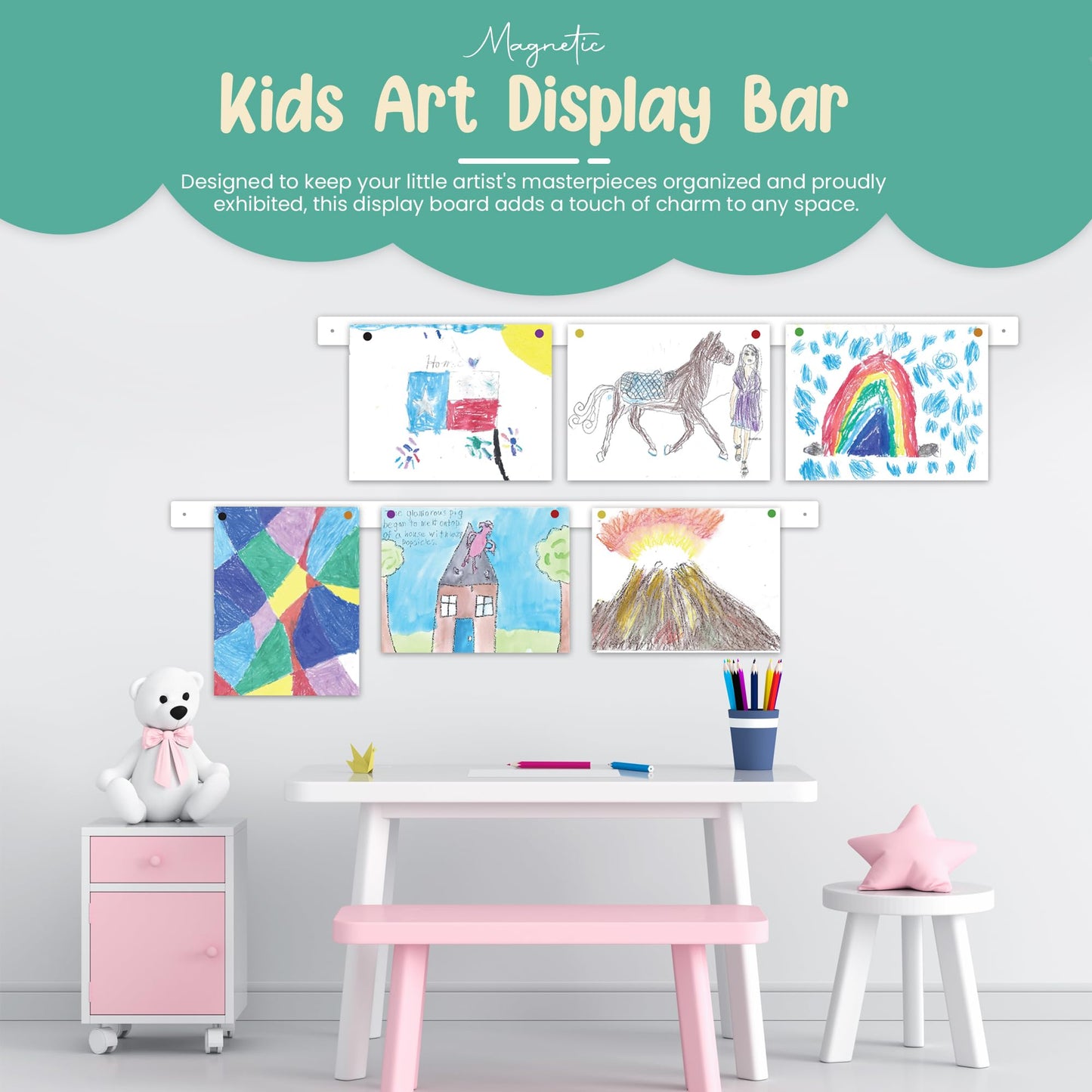 Generic Magnetic Art Display for Kids – 35in White Wall Bar | Picture Hanging System