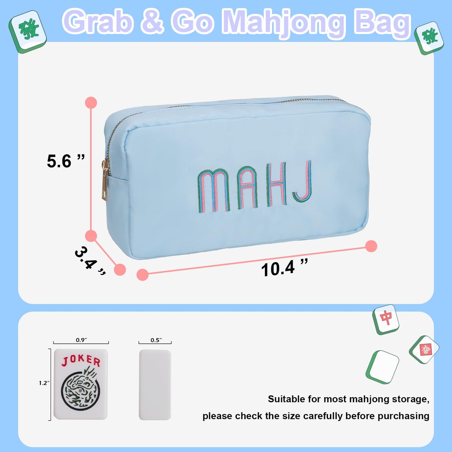 Generic Mahjong Tiles Bag for 1.2-Inch Tiles | Lightweight, Travel-Ready Case with Embroidery