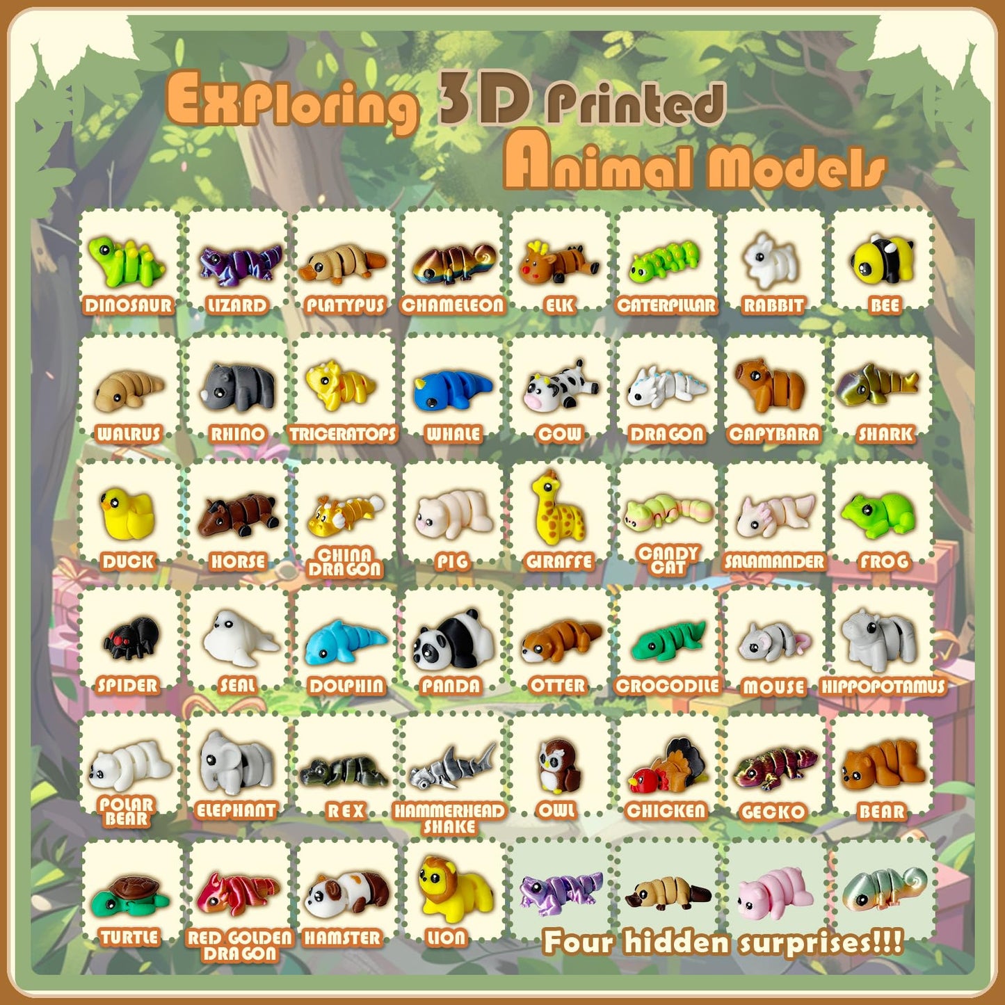 Generic 10Pcs Mini Animals Figures Set — 3D Printed Flexible Fidget Toys