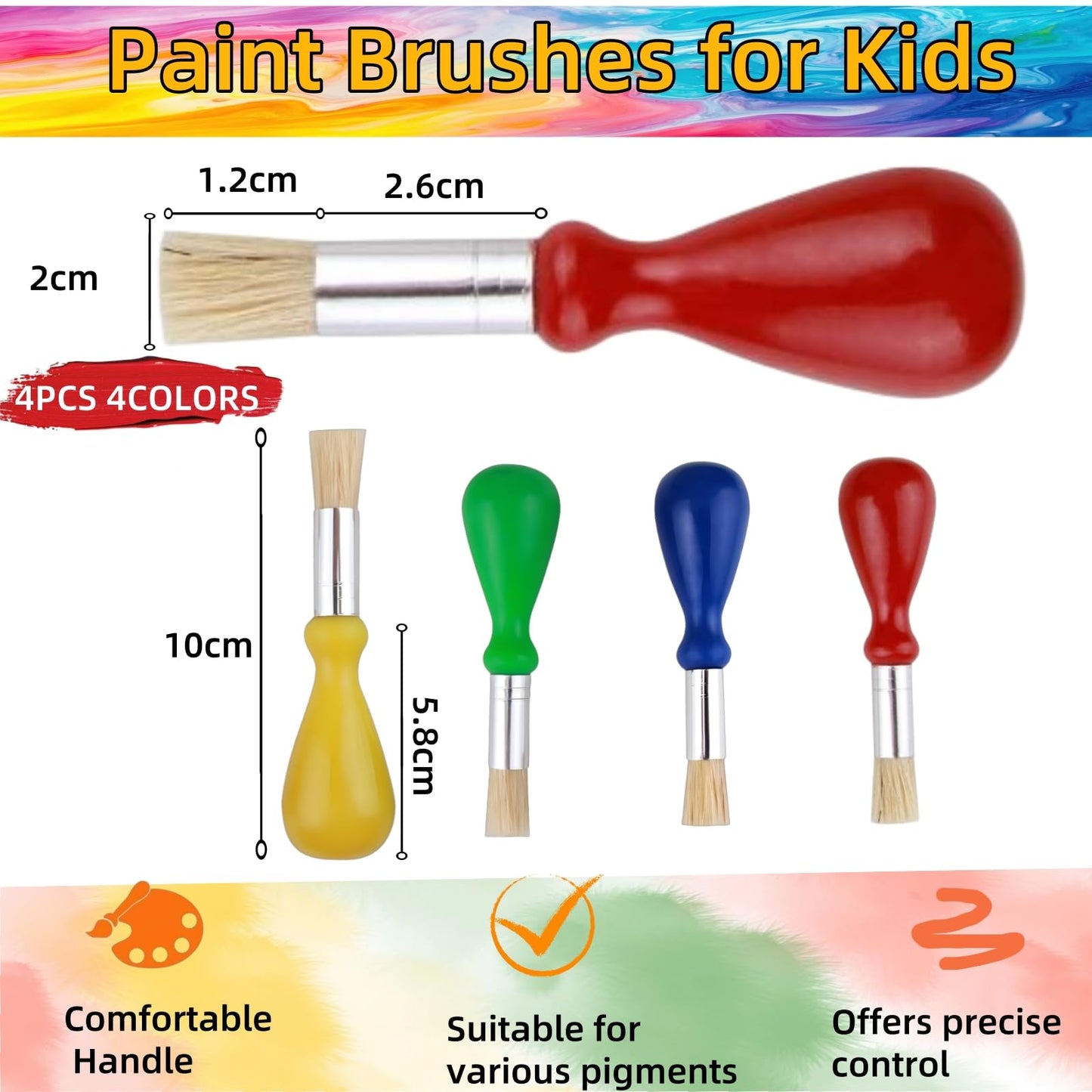 4-Pack Toddler Paint Brushes – Easy-Grip for Ages 1-4 | Generic