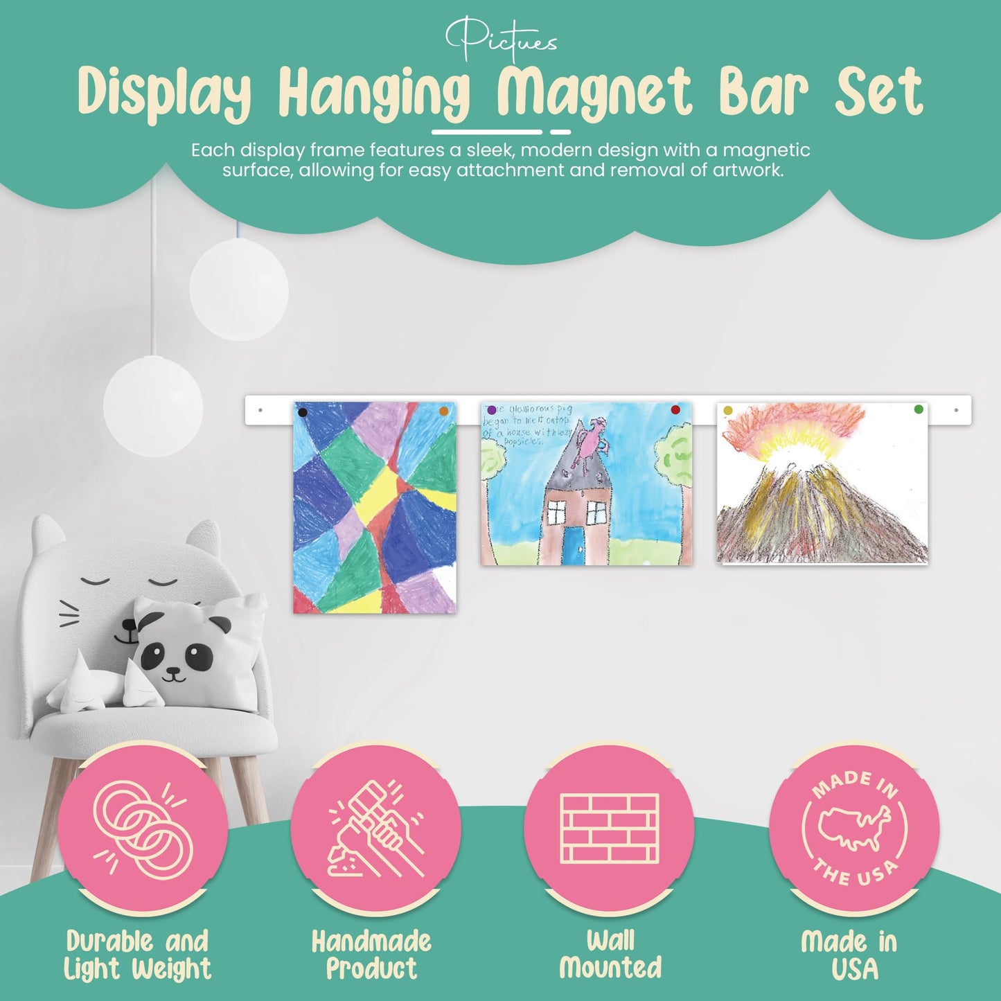 Generic Magnetic Art Display for Kids – 35in White Wall Bar | Picture Hanging System