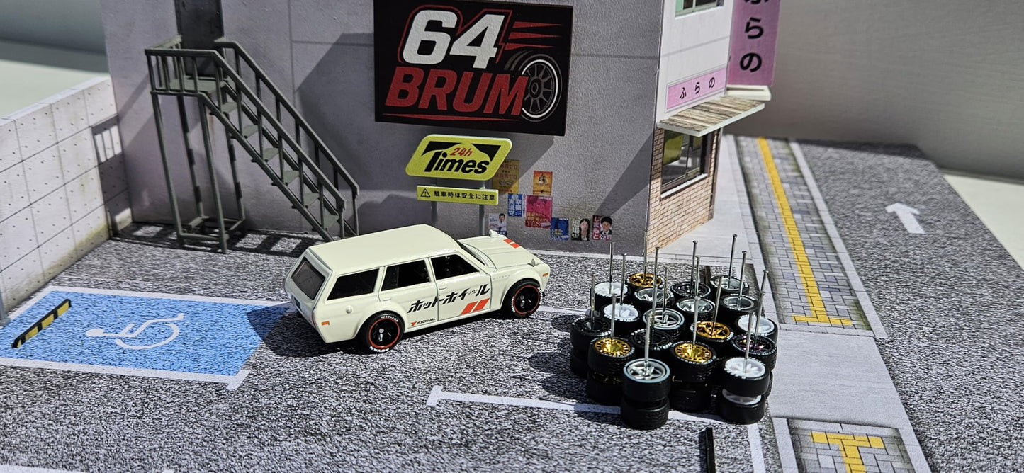10-Pack 1:64 Rubber Wheels with Logo – Random Custom Rims & Tires Set for 1:64 Diecast Cars (Includes Axles)