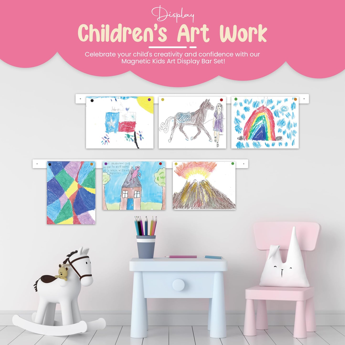Generic Magnetic Art Display for Kids – 35in White Wall Bar | Picture Hanging System