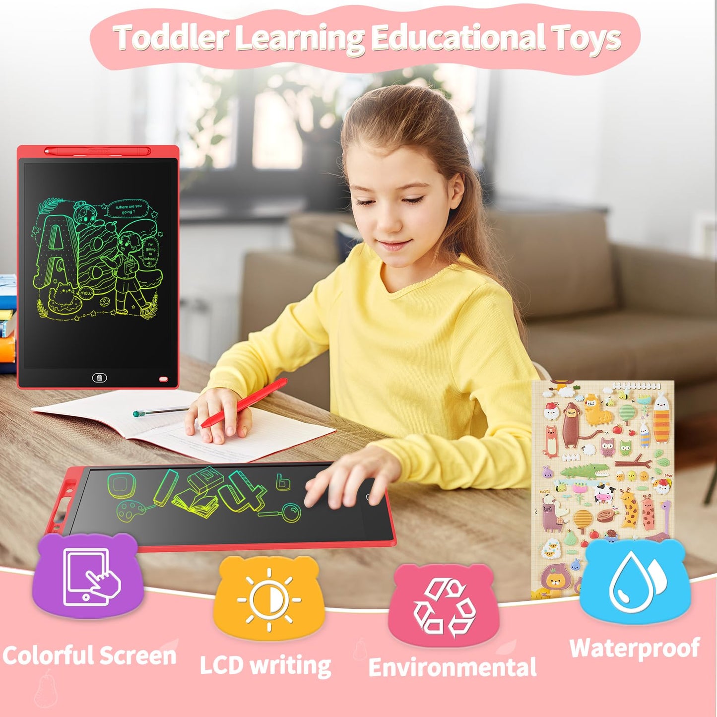 Genialba 2-Pack 10-Inch LCD Color Tablet – Erasable Kids Drawing Board (Blue/Red)