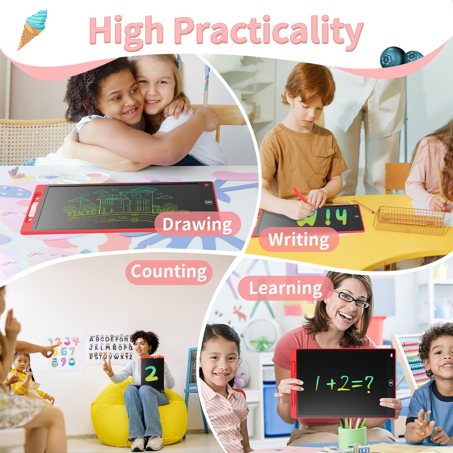 Genialba 2-Pack 10-Inch LCD Color Tablet – Erasable Kids Drawing Board (Blue/Red)