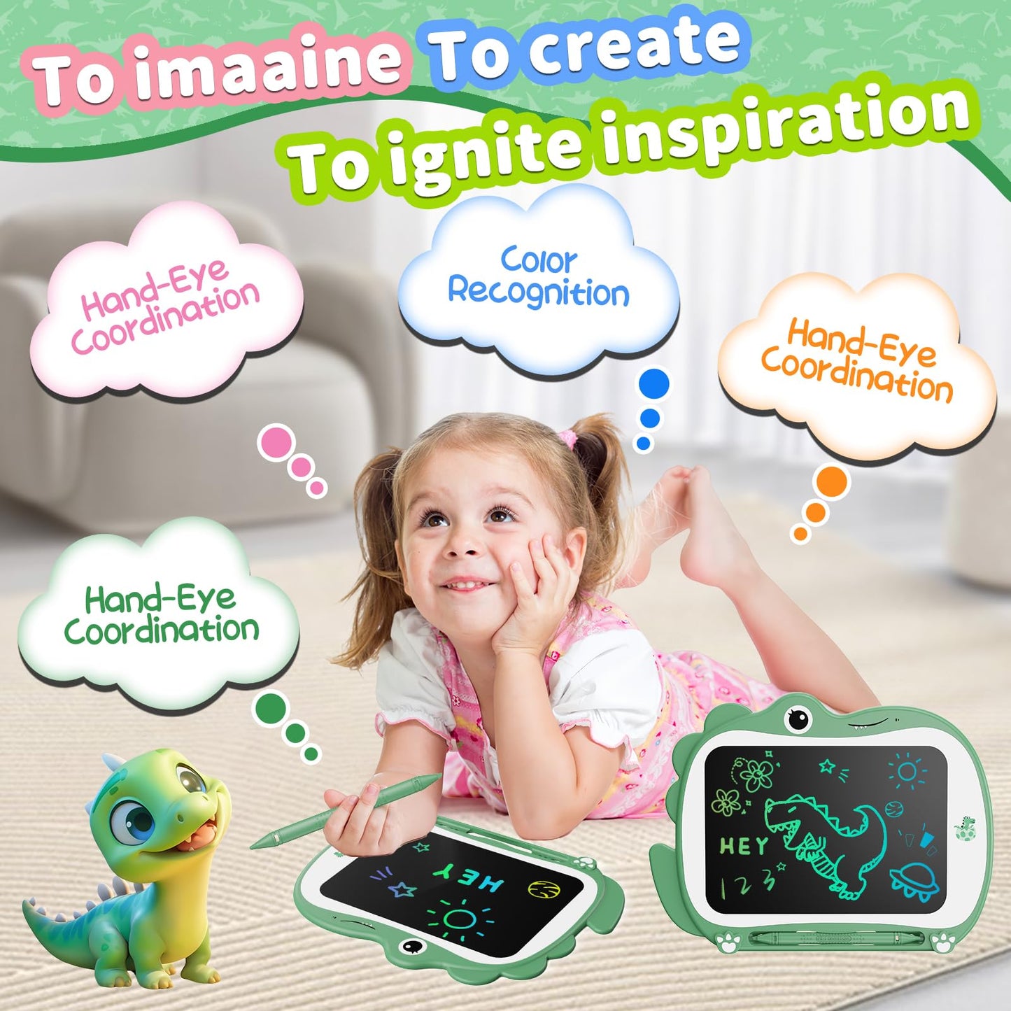 Genialba 8.5 Inch Dinosaur LCD Writing Tablet – Eco-Friendly Kids Toy (Green)