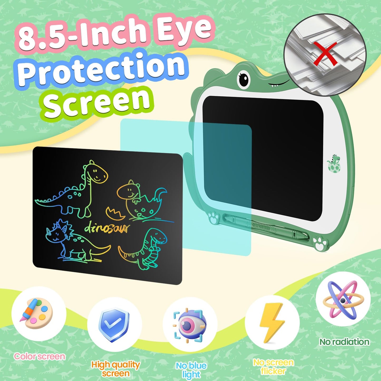Genialba 8.5 Inch Dinosaur LCD Writing Tablet – Eco-Friendly Kids Toy (Green)