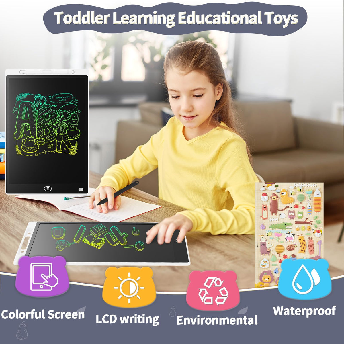 Genialba LCD Writing Tablet 12-Inch – 2-Pack Colorful Doodle Board for Kids Aged 3-8