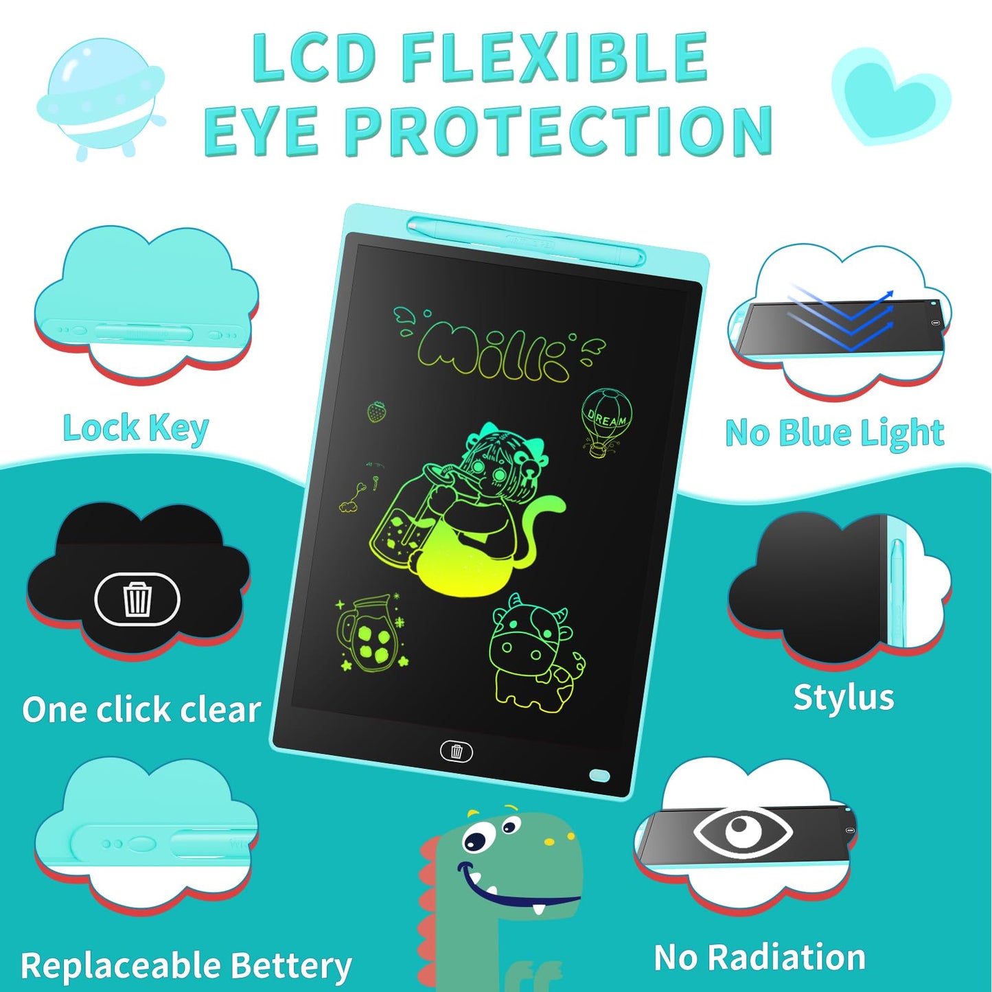 Genialba LCD Writing Board 16 Inches – Colorful Portable Erasable Tablet for Kids