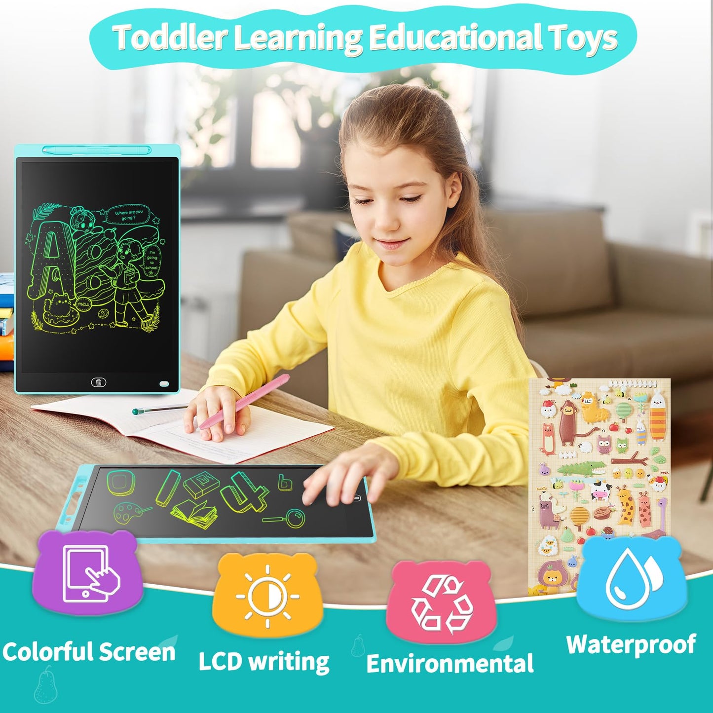 Genialba LCD Writing Board 16 Inches – Colorful Portable Erasable Tablet for Kids