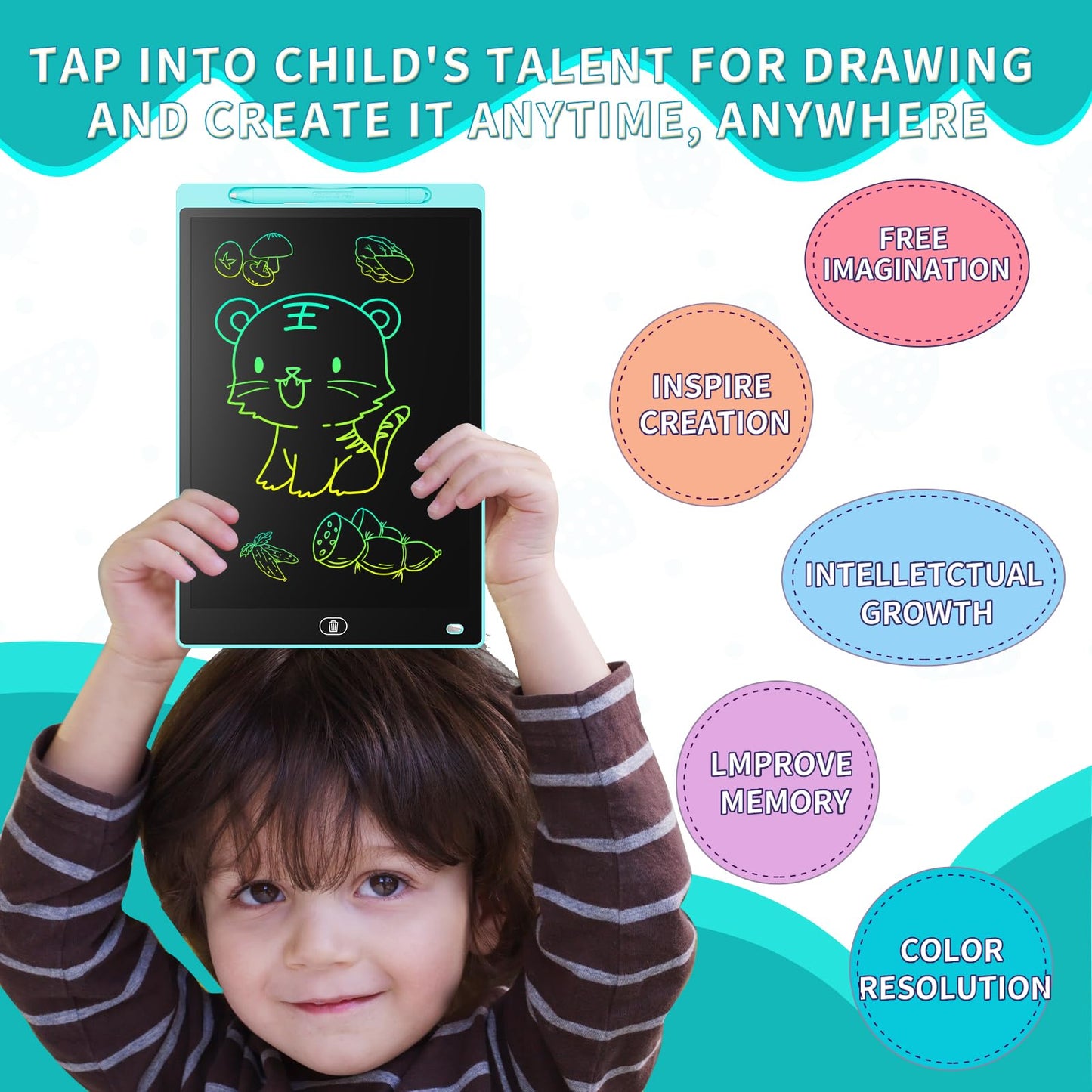Genialba LCD Writing Board 16 Inches – Colorful Portable Erasable Tablet for Kids