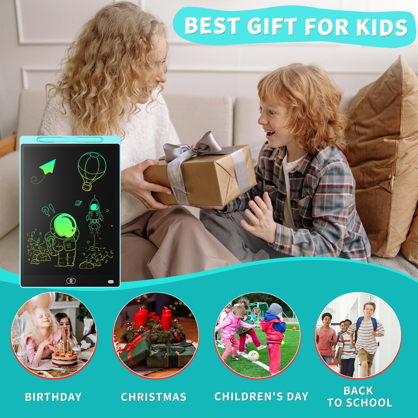 Genialba LCD Writing Board 16 Inches – Colorful Portable Erasable Tablet for Kids