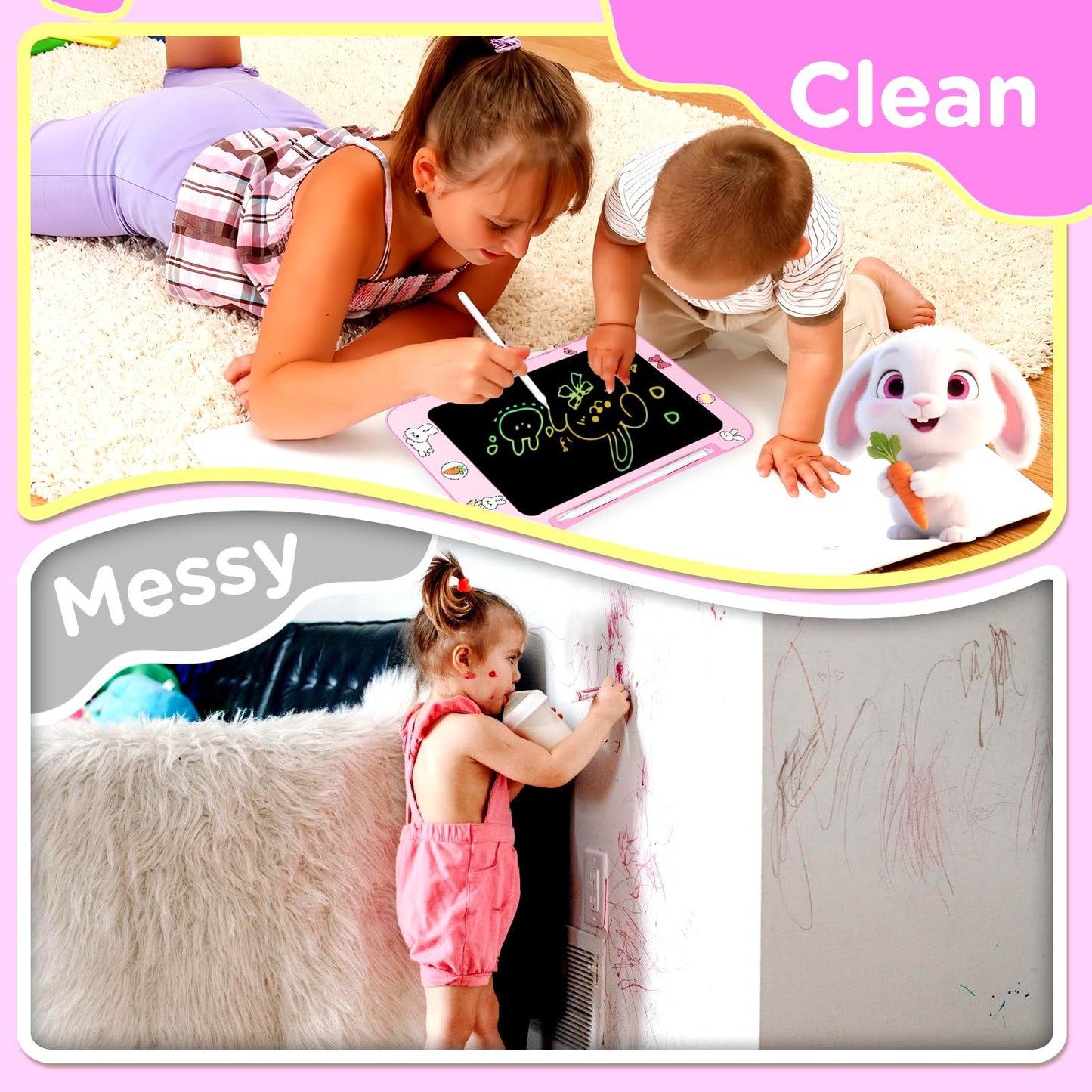 Genialba LCD Writing Tablet for Kids – Colorful Rabbit Screen, Eye-Friendly Doodle Board for Ages 3-7