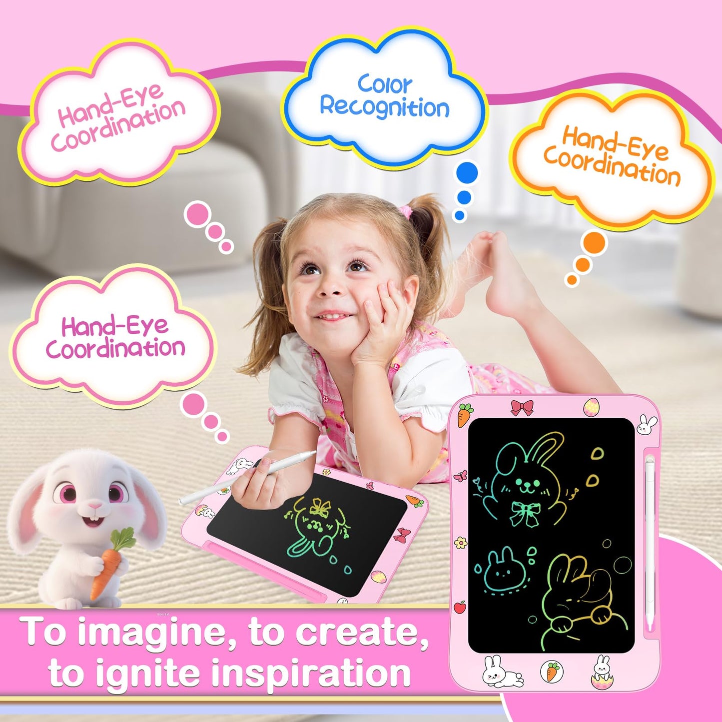 Genialba LCD Writing Tablet for Kids – Colorful Rabbit Screen, Eye-Friendly Doodle Board for Ages 3-7