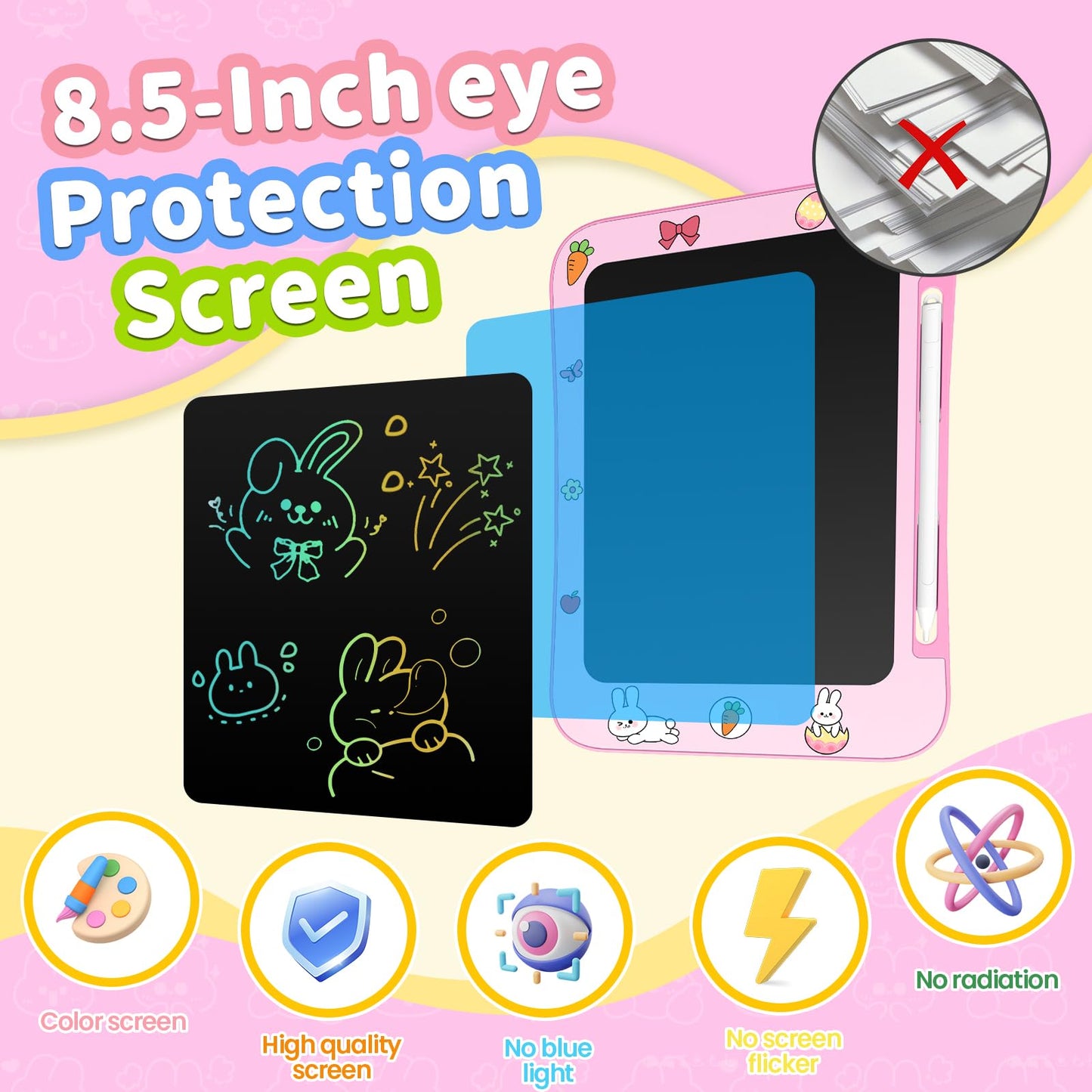 Genialba LCD Writing Tablet for Kids – Colorful Rabbit Screen, Eye-Friendly Doodle Board for Ages 3-7