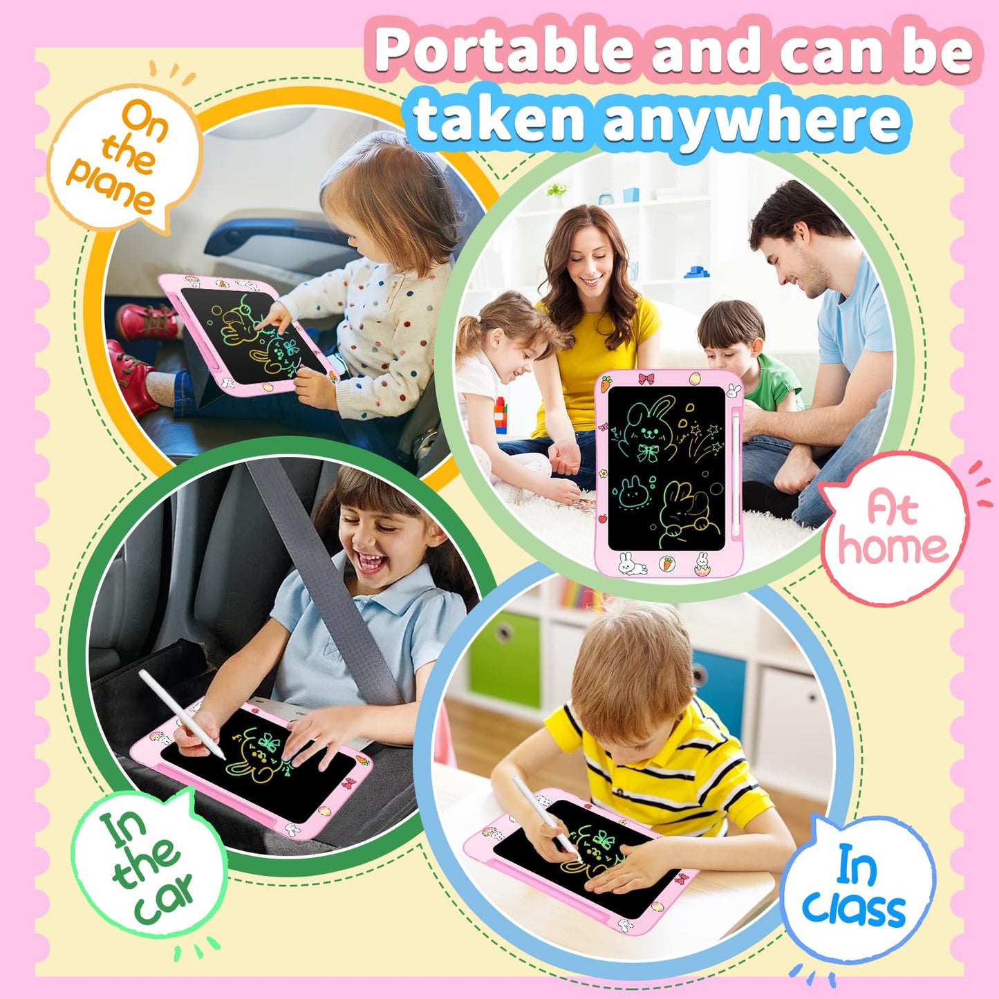 Genialba LCD Writing Tablet for Kids – Colorful Rabbit Screen, Eye-Friendly Doodle Board for Ages 3-7